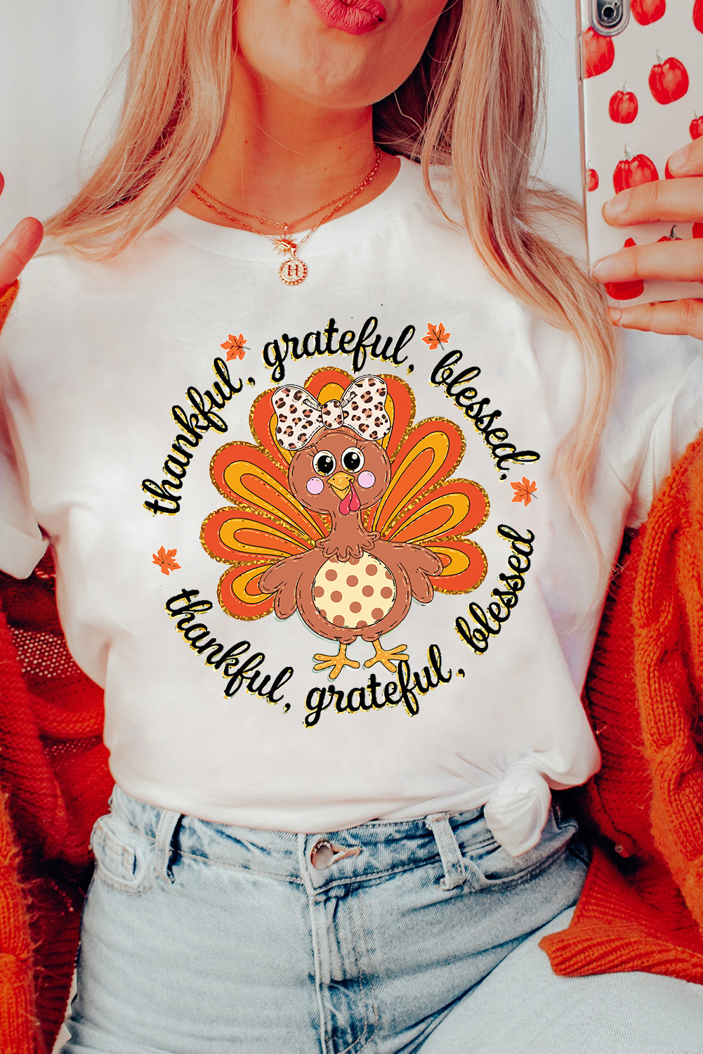 White Thanksgiving Cute Turkey Print Cotton Blend T Shirt