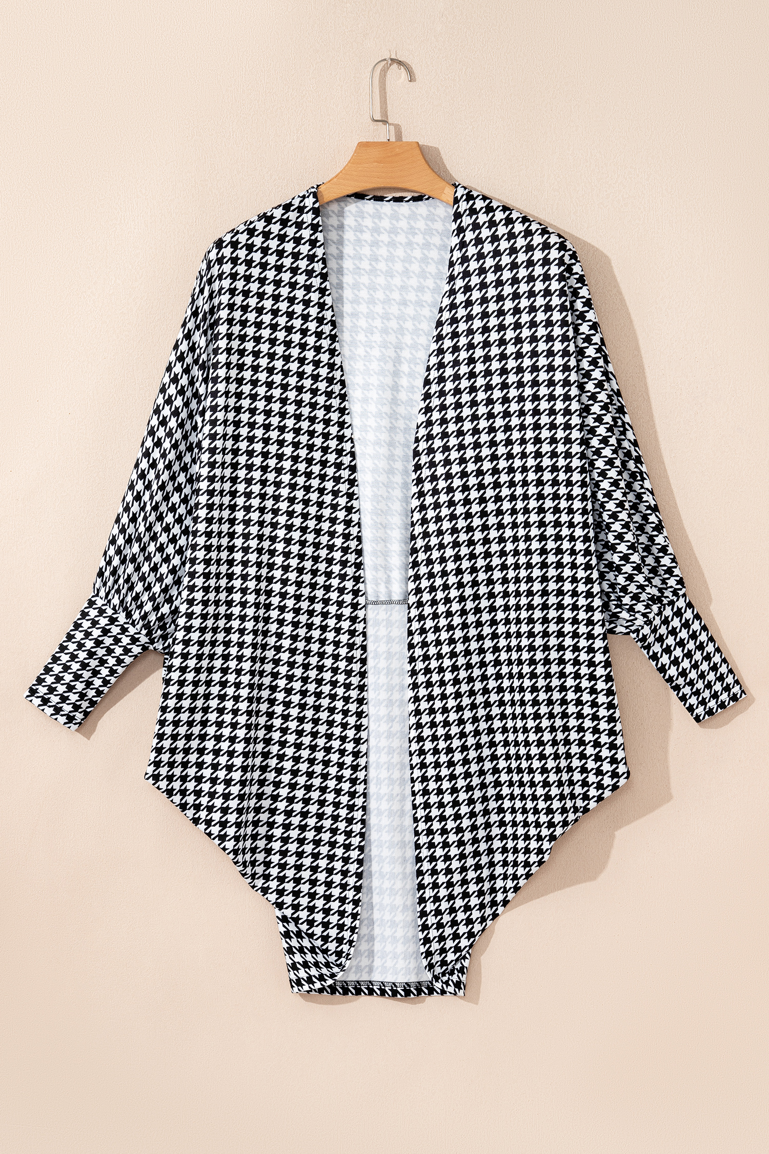 Black Houndstooth Print Open Front Long Dolman Kimonos