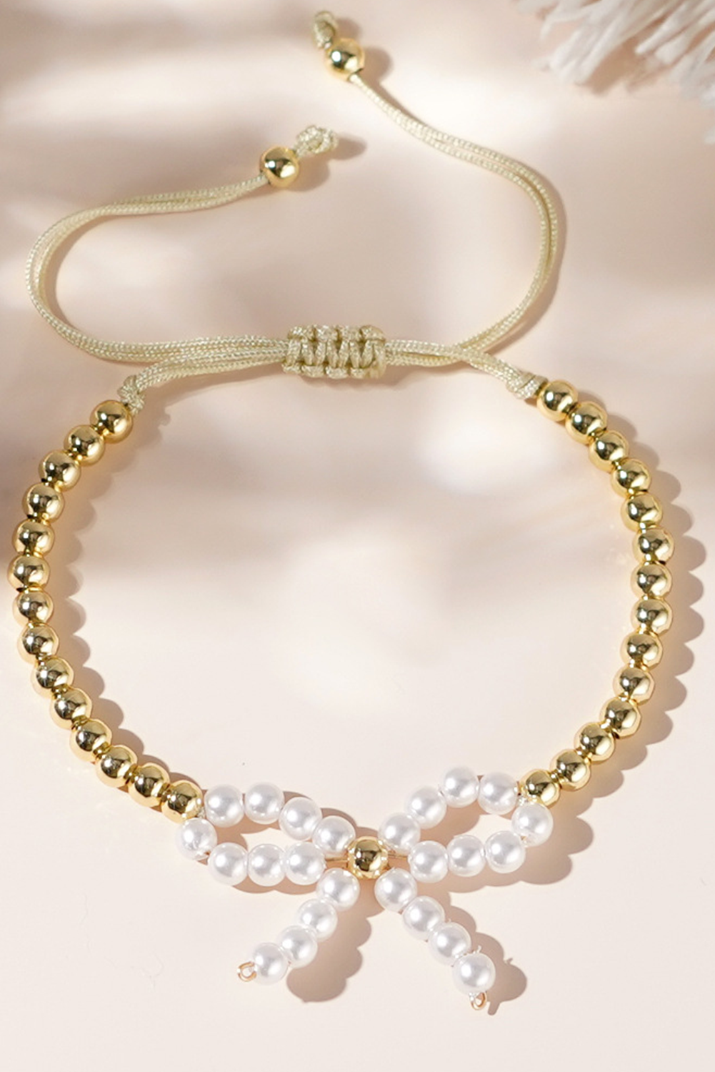 White Pearled Bow Knot Plated Beads Adjustable Bracelet