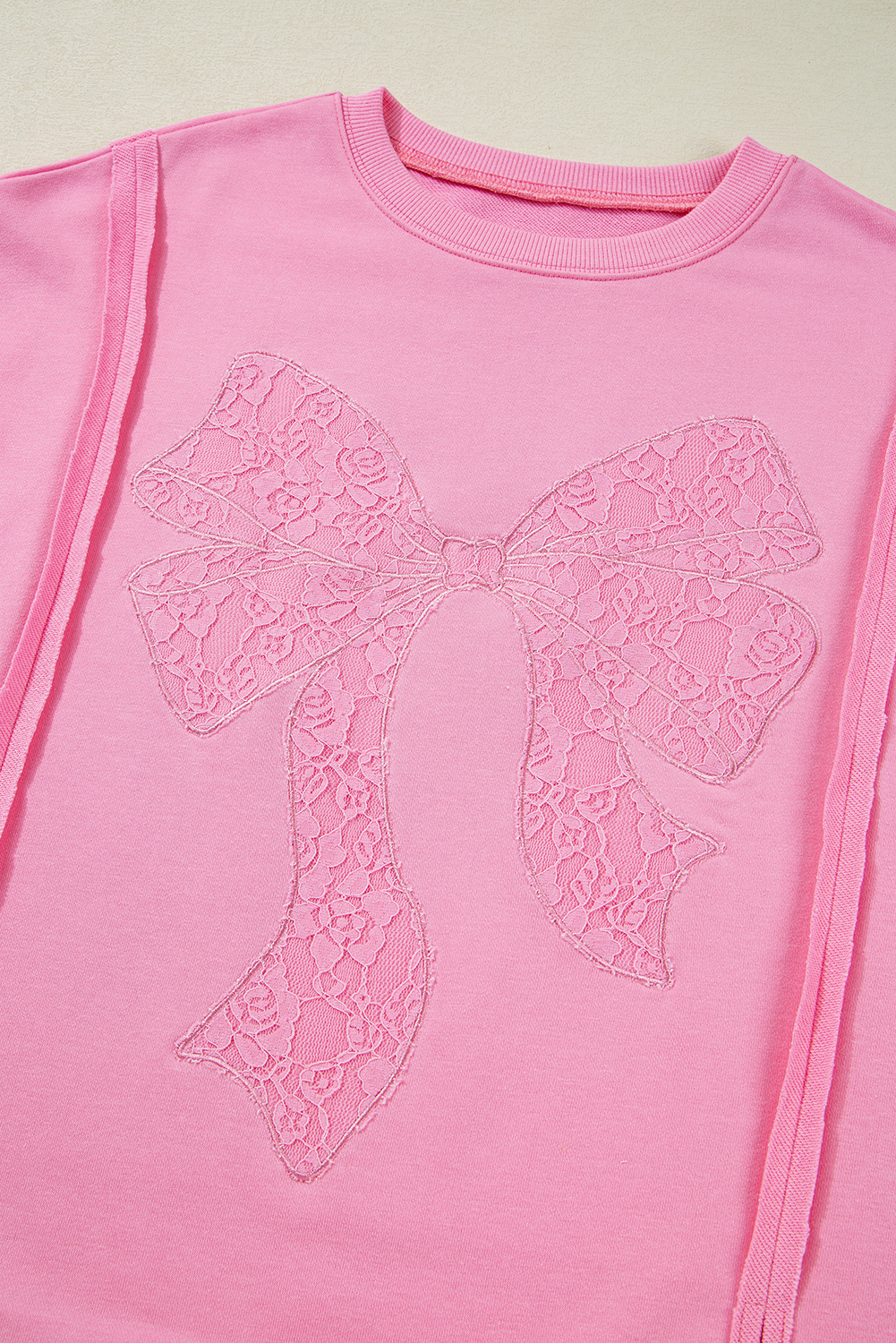 Bonbon Lace Insert Bow Embroidered Exposed Seam Sweatshirt