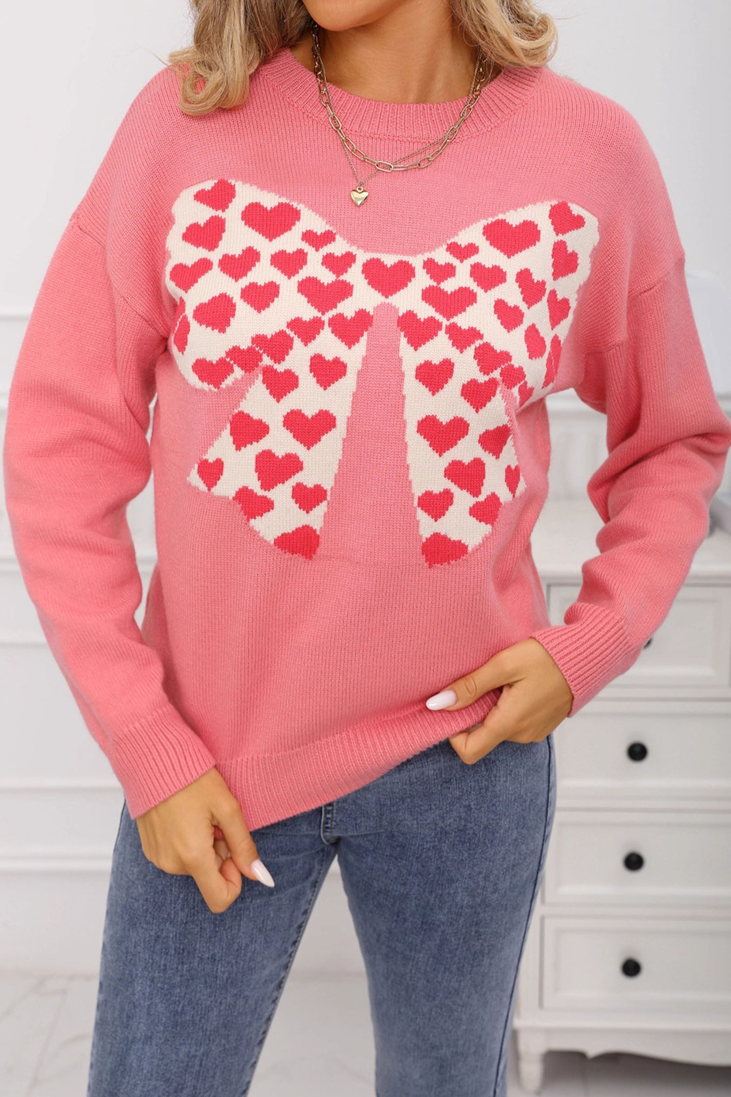 White Heart Bow Graphic Valentine Sweater