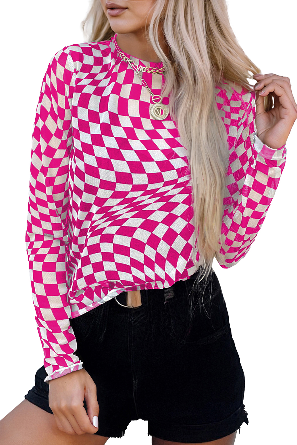 Khaki Checkered Pattern Mesh Mock Neck Long Sleeve Top