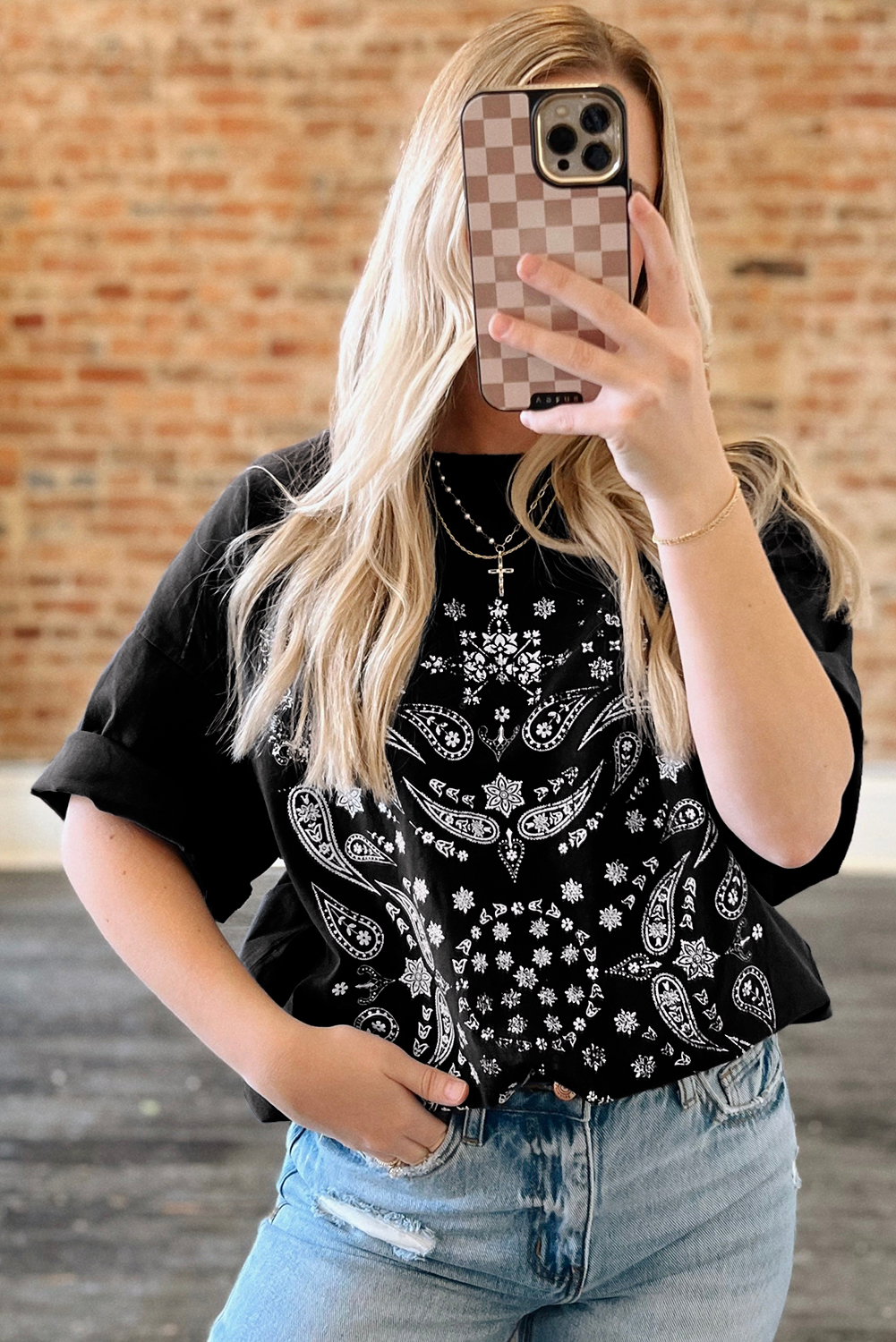 Black Paisley Print Crew Neck Loose Fit Tunic Tee