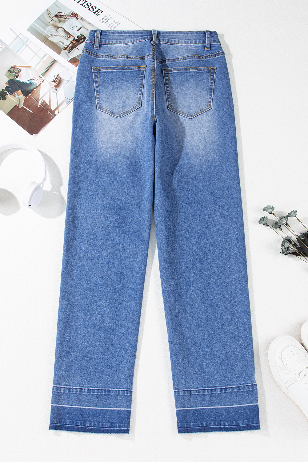 Real Teal Raw Hem Unique Cuffs Straight High Rise Loose Jeans