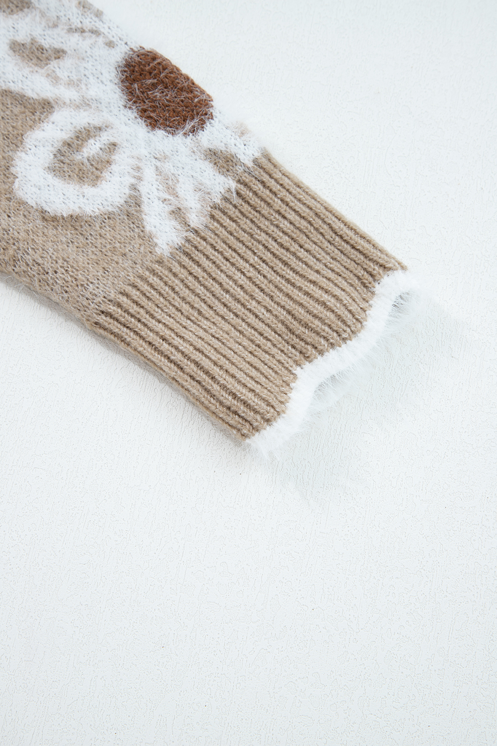 Smoke Gray Plush Flower Pattern Scalloped Trim V Neck Sweater