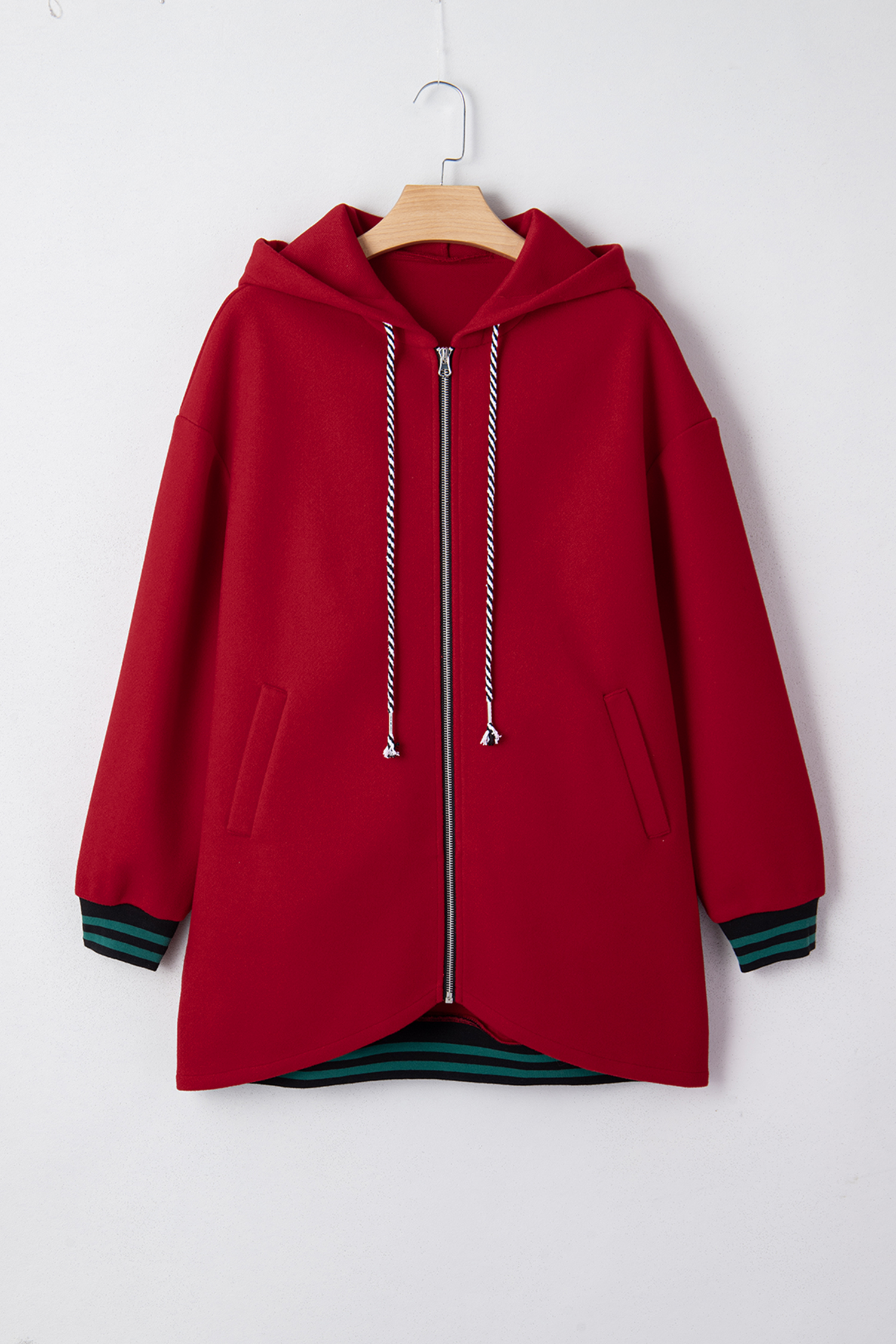 Racing Red Contrast Cuffed Drop Shoulder Zip up Tunic Hoodie