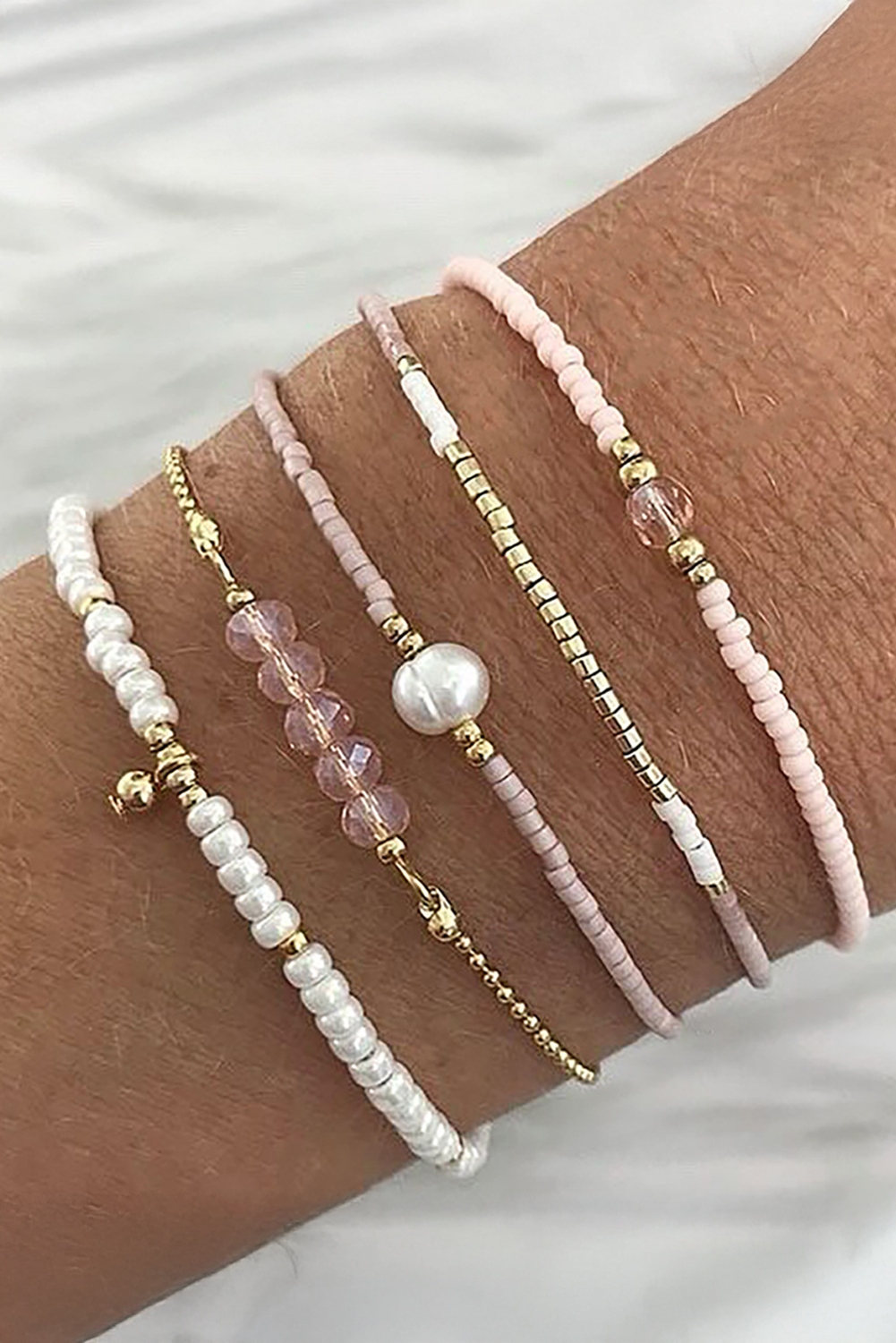 Pink Pearl Crystal Bead Detail 5pcs Elastic Bracelet Set