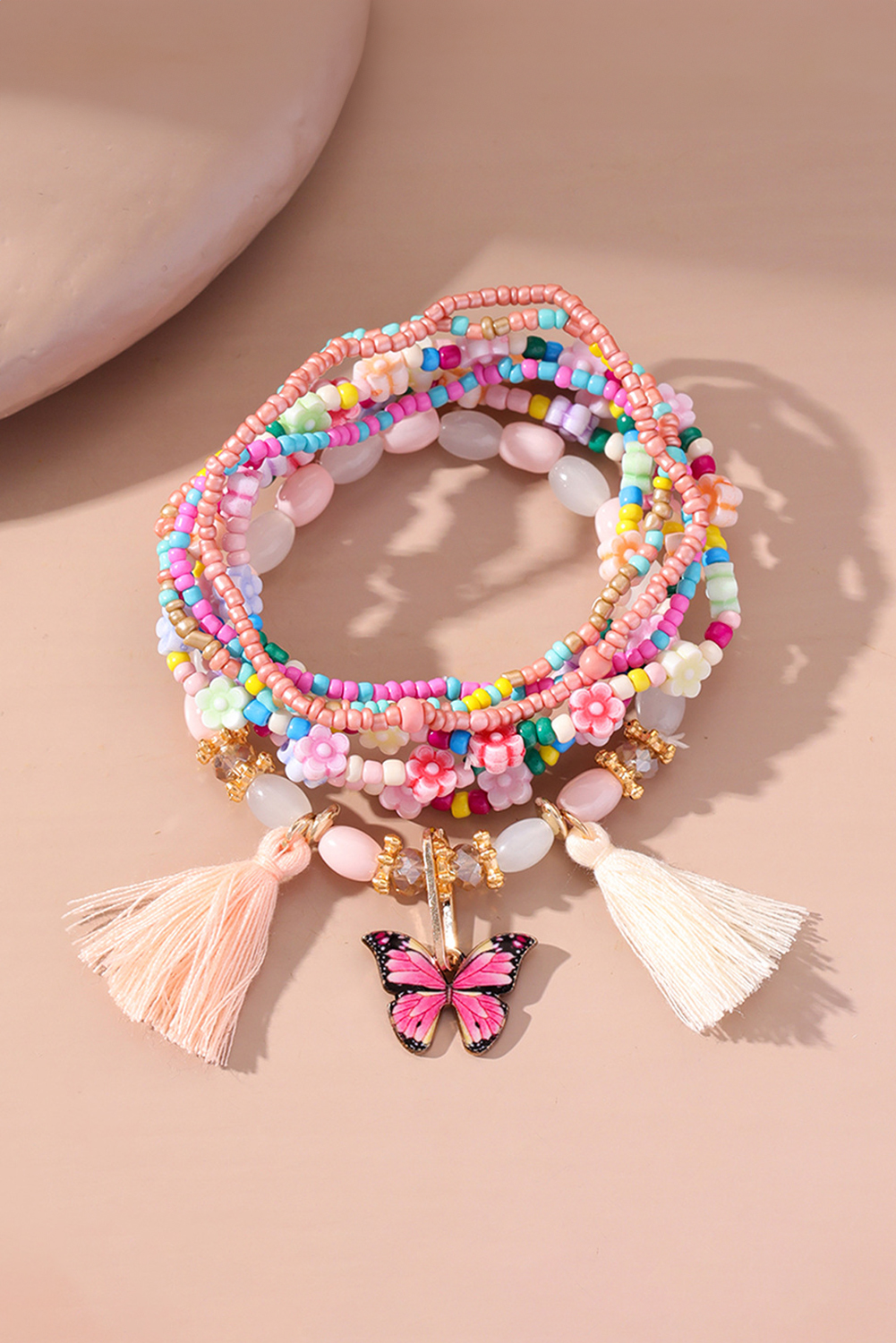 Peach Blossom 7pcs Handmade Beaded Bohemian Style Butterfly Tassel Bracelet Set