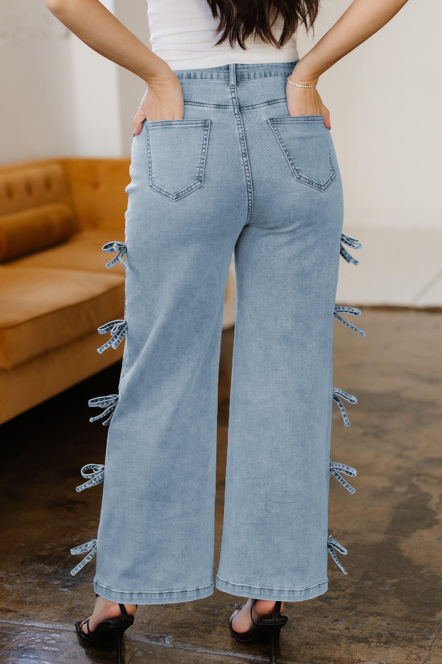 White Bow Knot Side Detail Straight Leg Loose Jeans