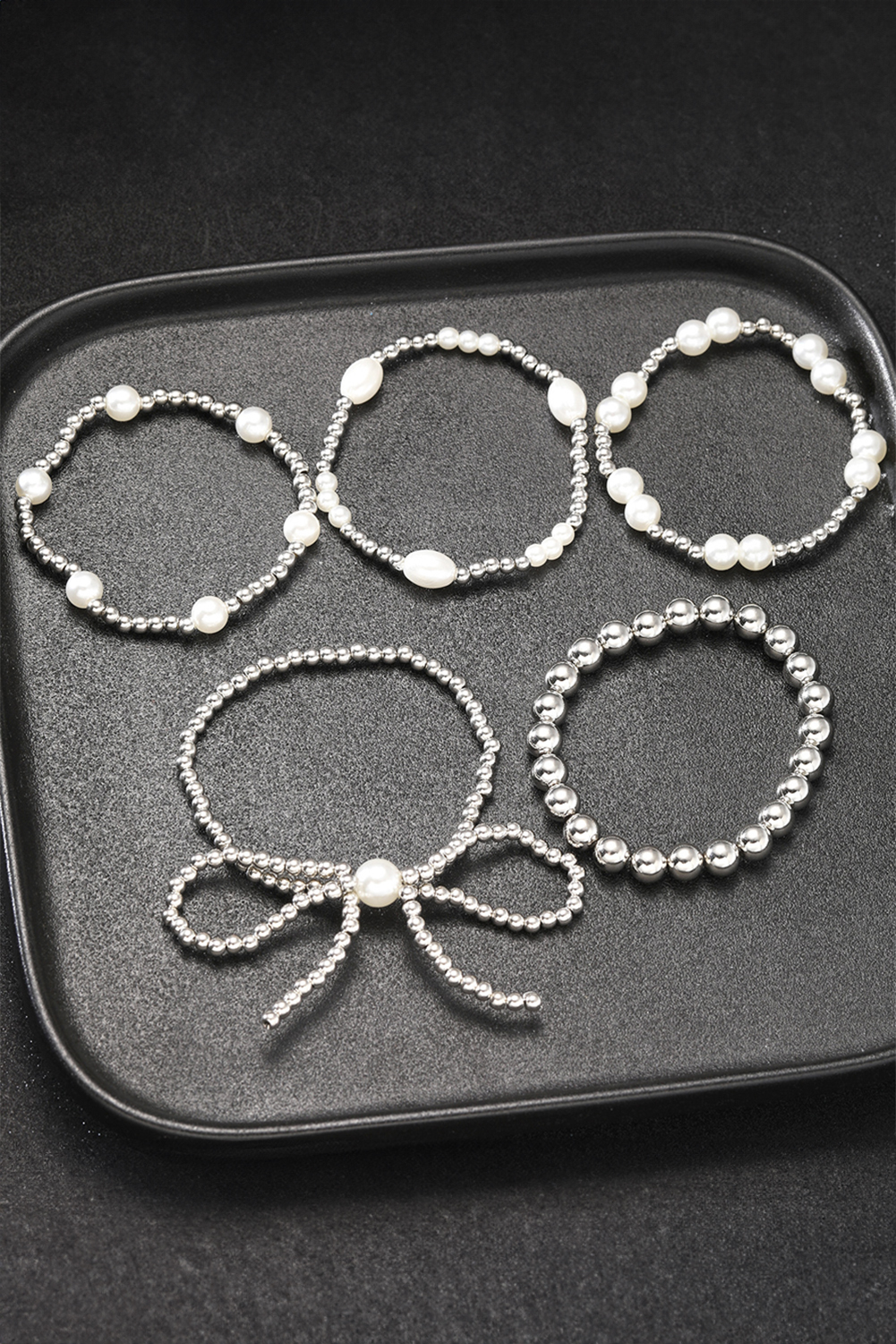 Silvery Bow Knot Pearl Beaded Multi Layered Bracelet Set