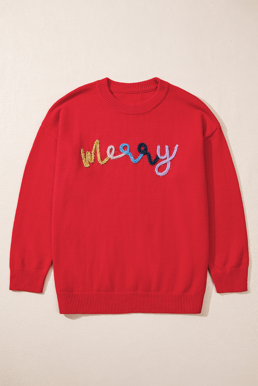 Fiery Red Tinsel Merry Letter Drop Shoulder Baggy Sweater