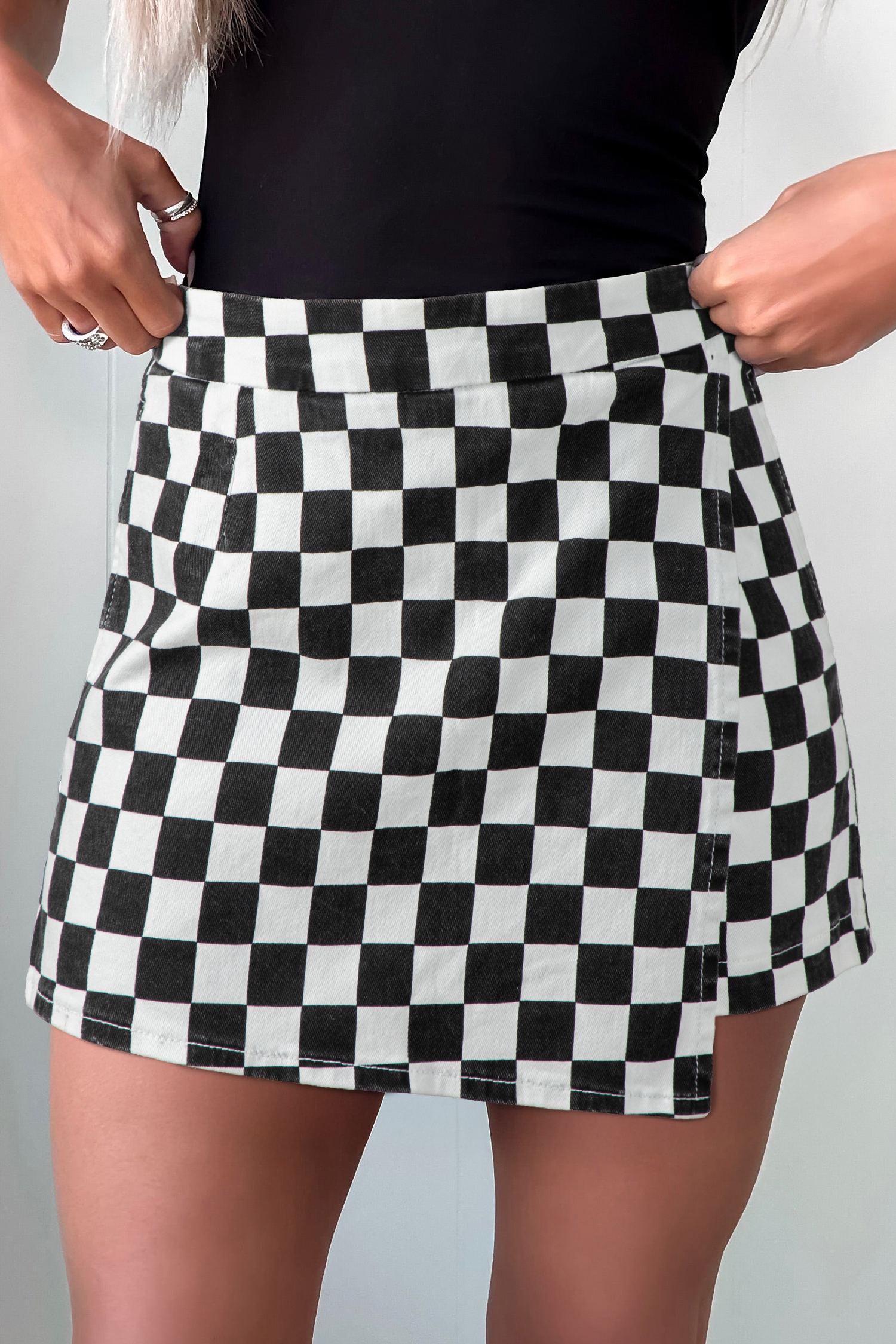 Black Checkered Print Overlap Denim Shorts
