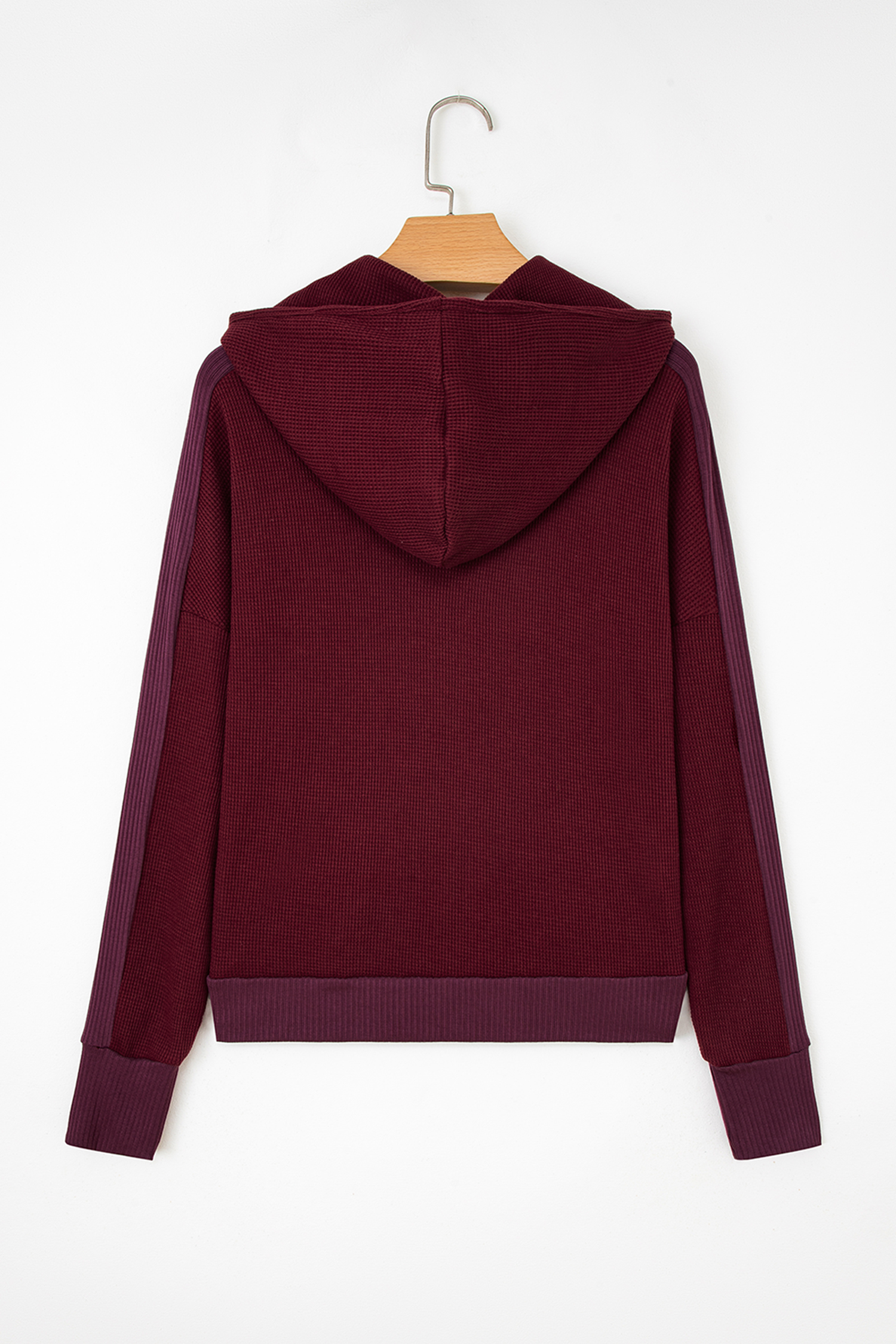 Burgundy Waffle Splicing Zip Up Front Button Hooded Jacket