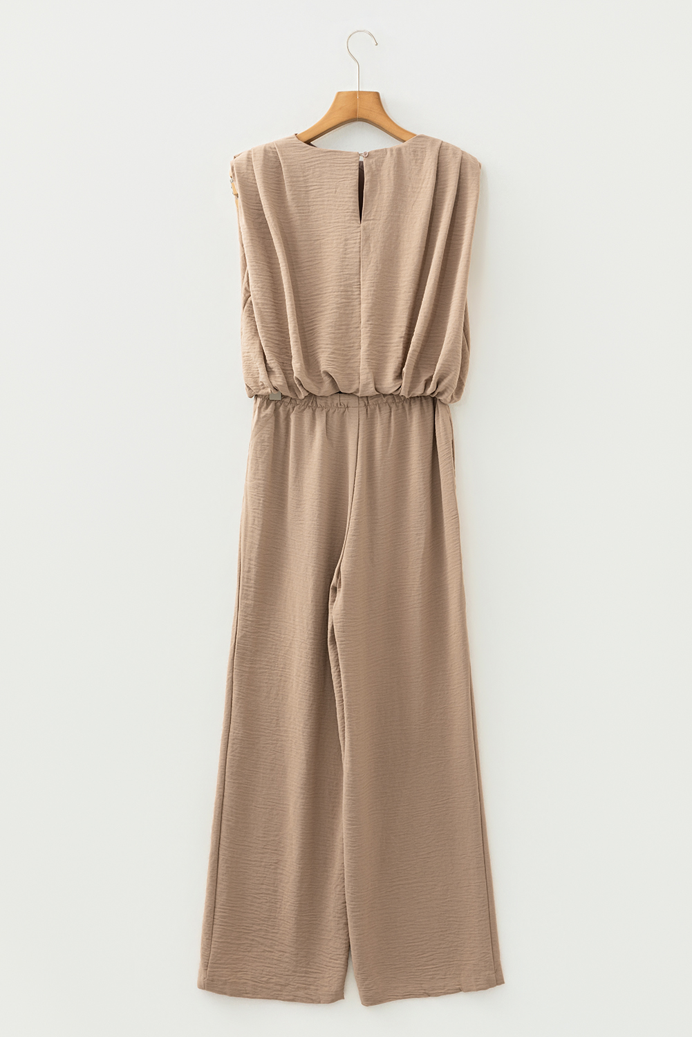 Pale Khaki Solid Color Keyhole Puffy Tank Drawstring Loose Pants 2pcs Outfit