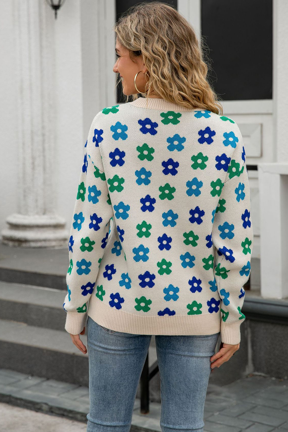 Apricot Cute Flower Allover Ribbed Trimmed Drop Shoulder Pullover Sweater