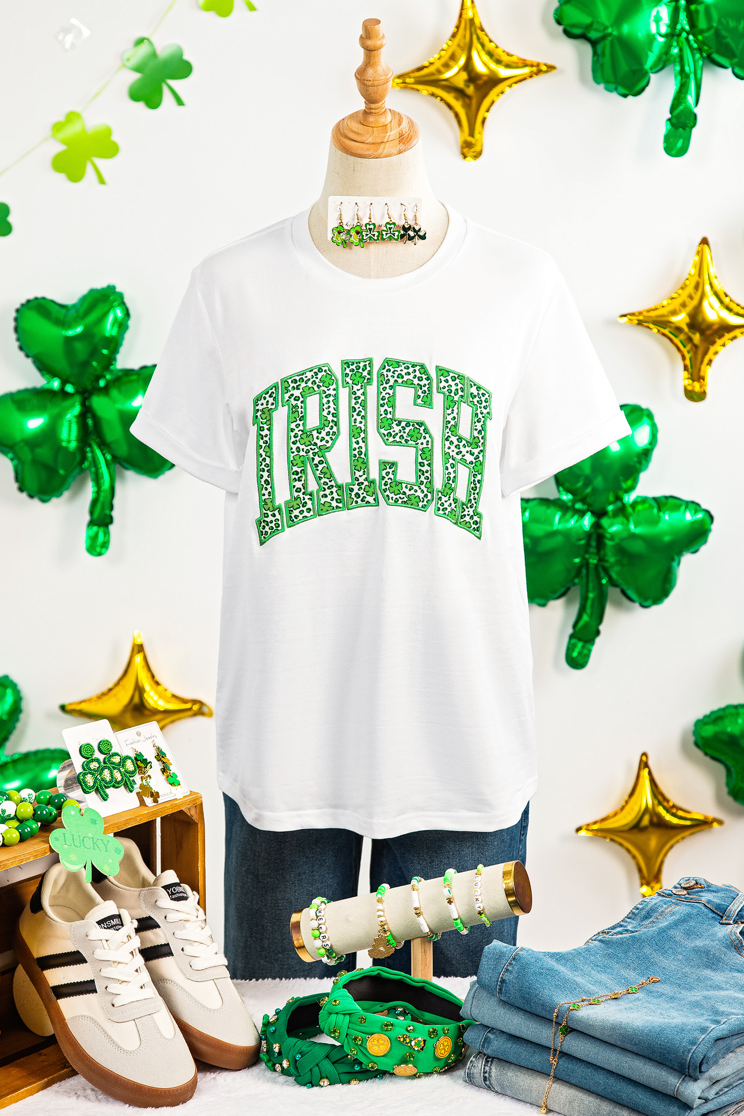 White IRISH Leopard Clover Embroidered Patch Graphic Tee