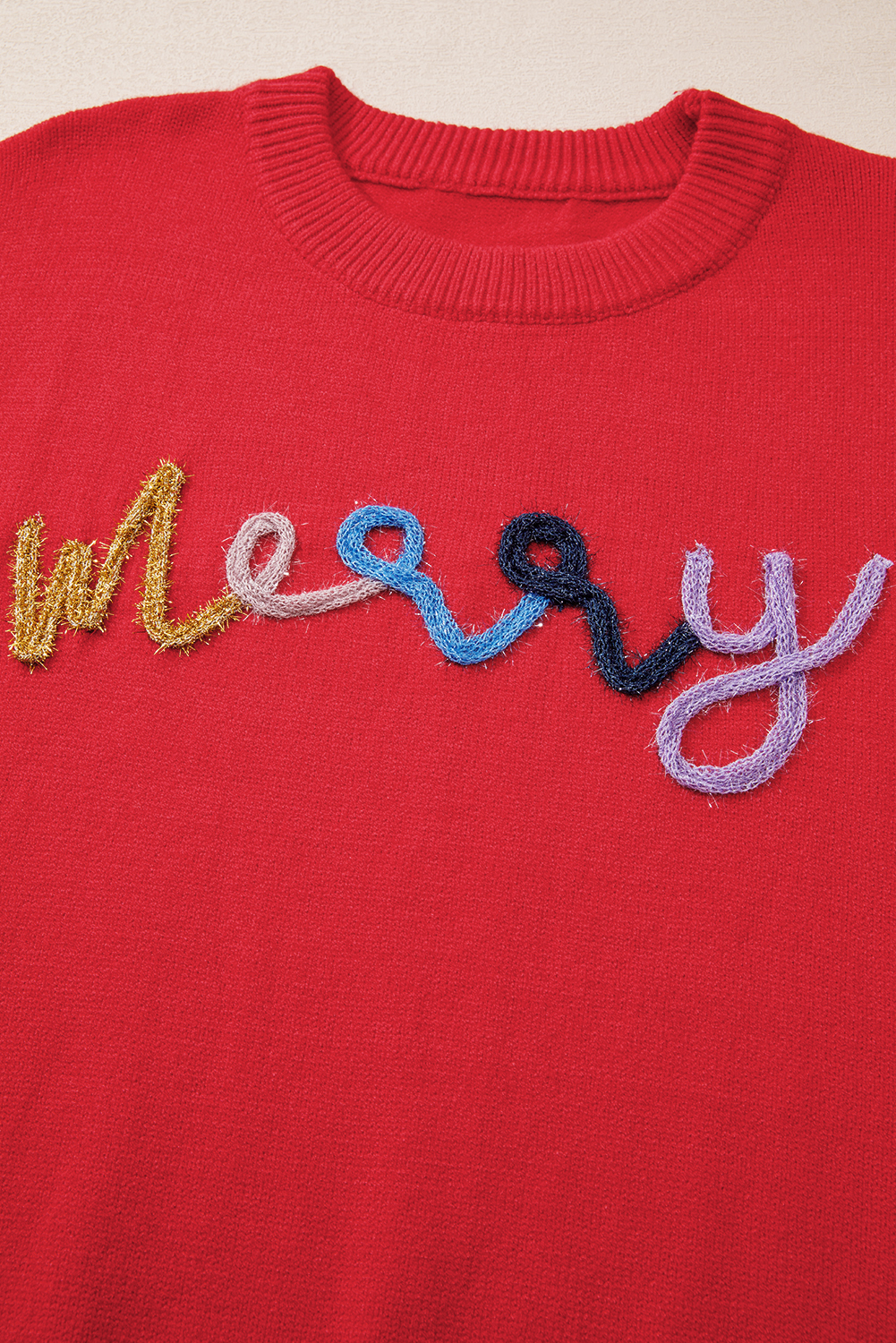 Fiery Red Tinsel Merry Letter Drop Shoulder Baggy Sweater