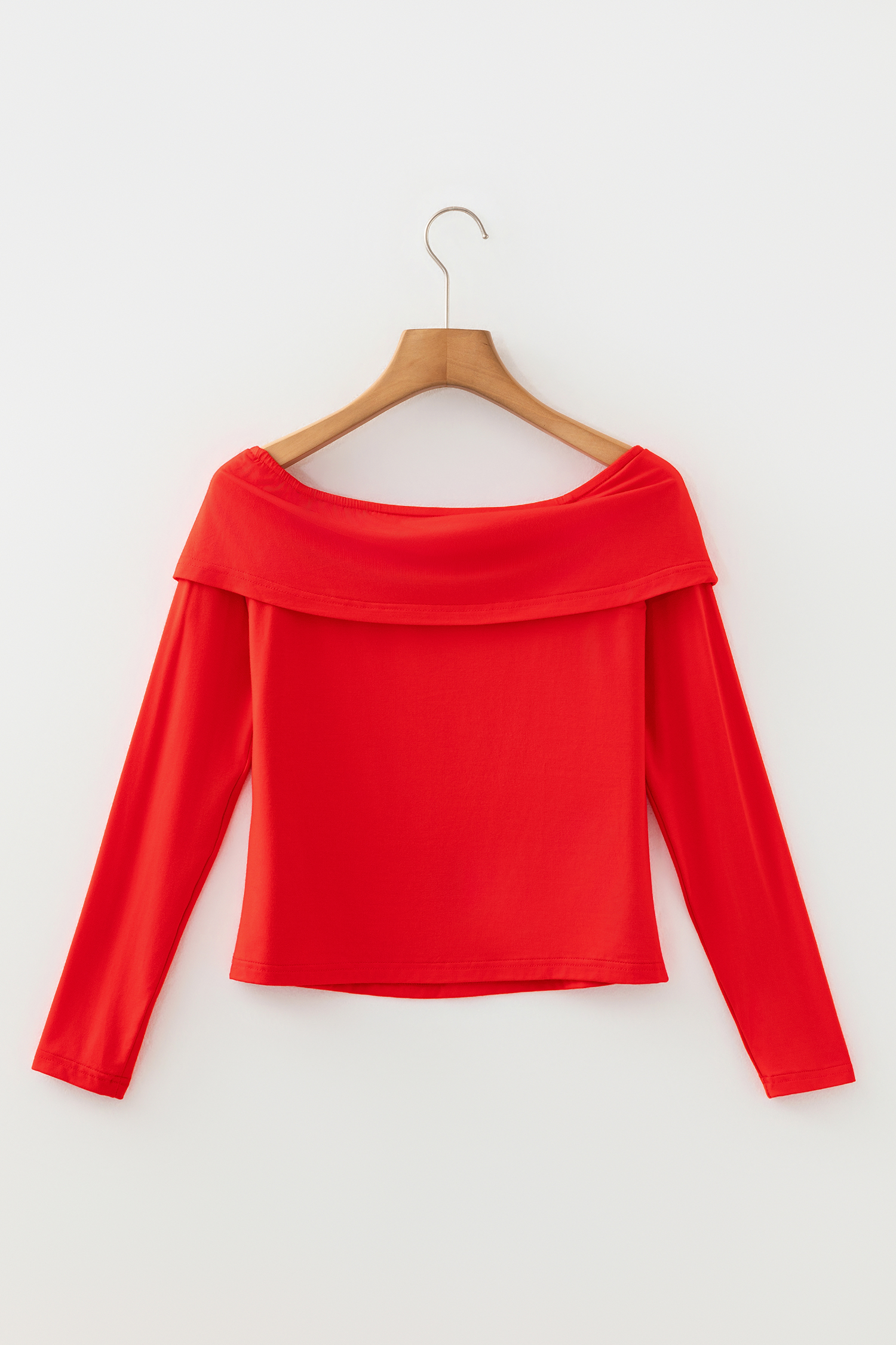 Fiery Red Foldover Off Shoulder Long Sleeve Slim Top