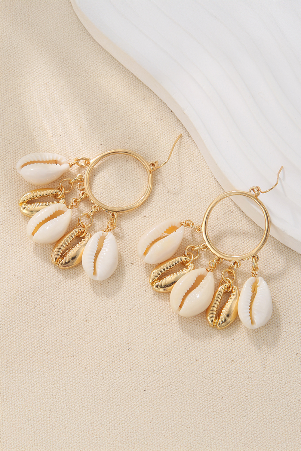 Gold Seashell Charm Hoop Dangle Earrings