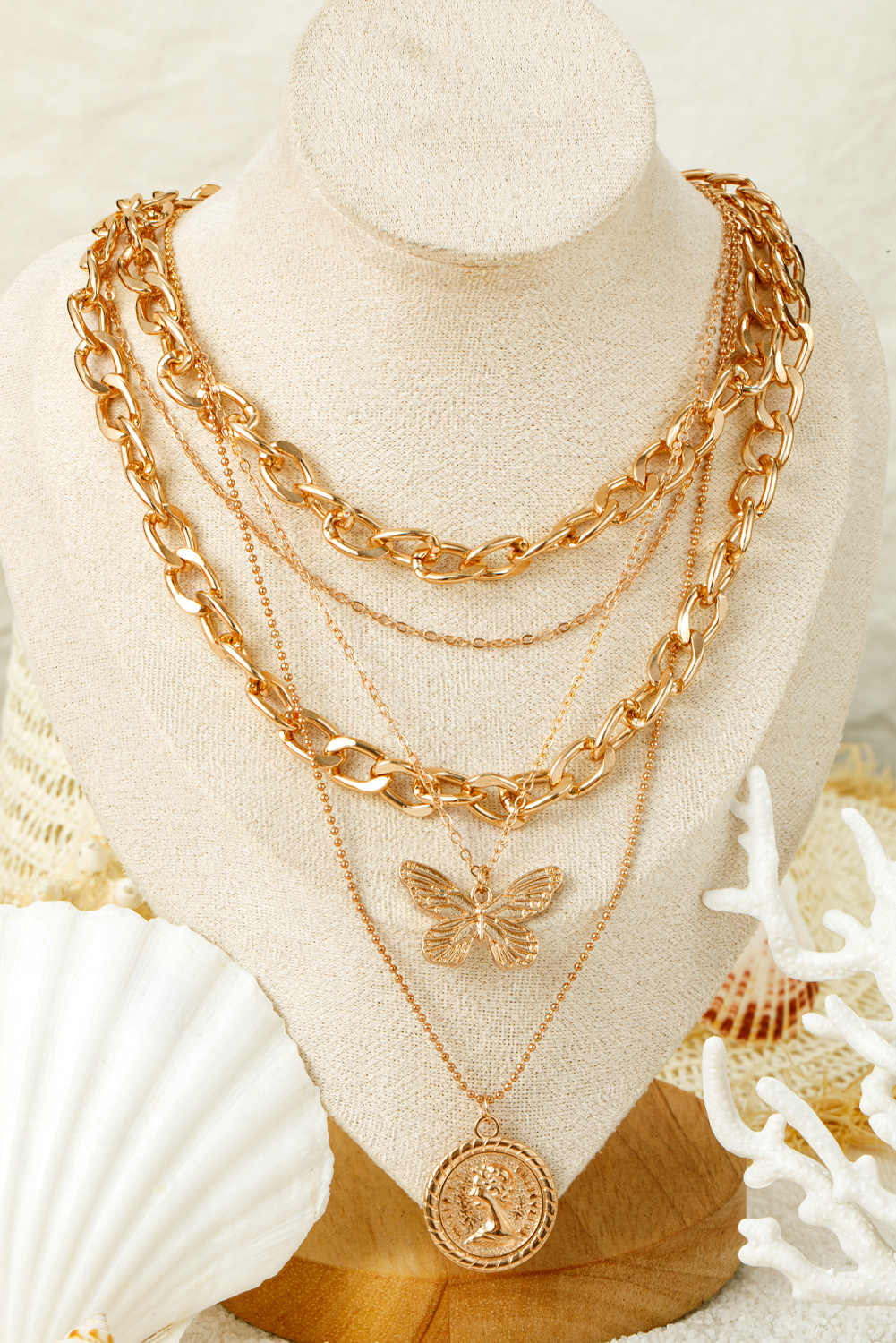Gold Plated Alloy Multilayer Butterfly Charm Necklace