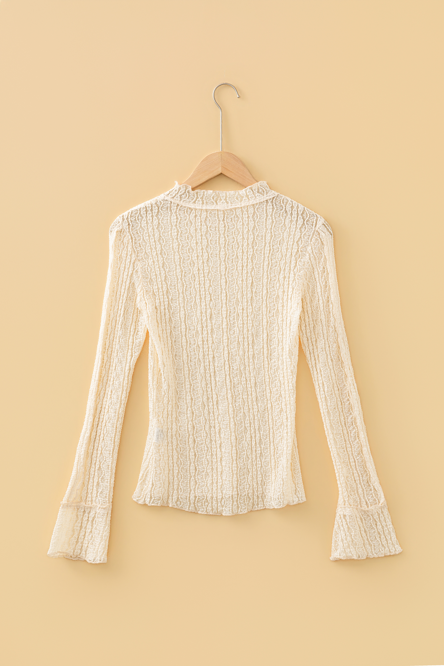 Apricot Flounced Long Sleeve Mock Neck Sheer Lace Top