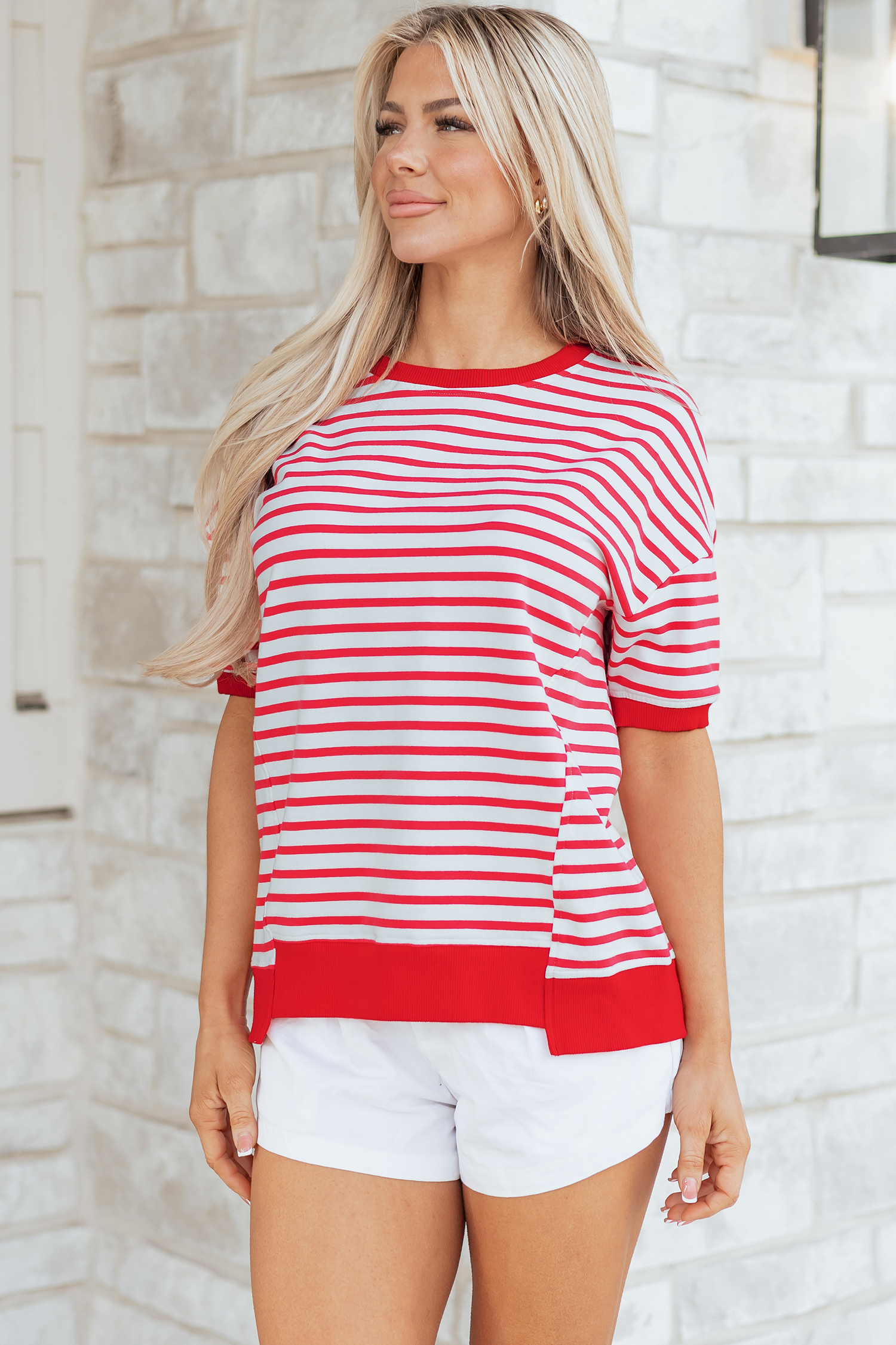 Red Stripe Drop Shoulder Half Sleeve T Shirt