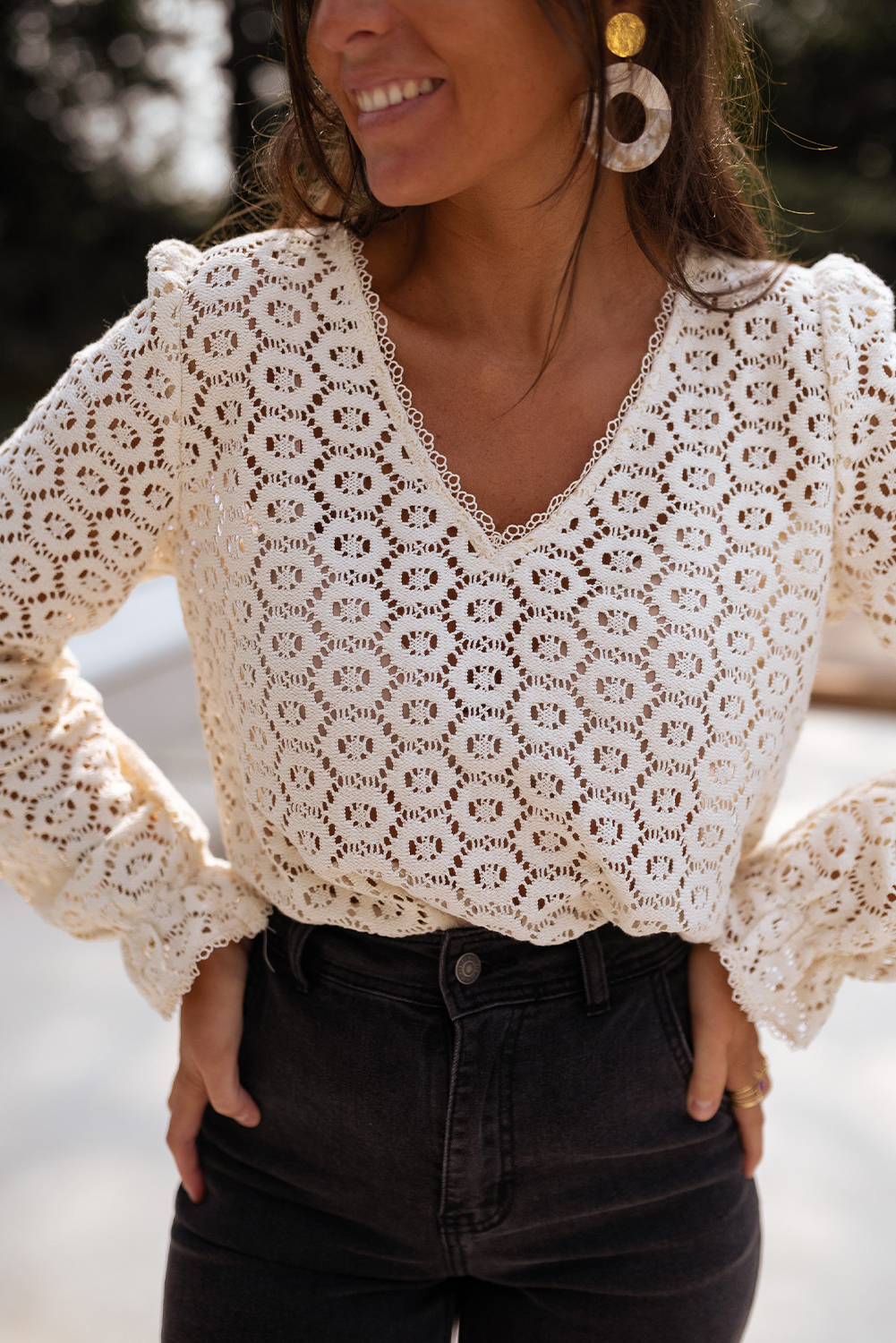 Beige Flower Lace V Neck Ruffled Sleeve Top
