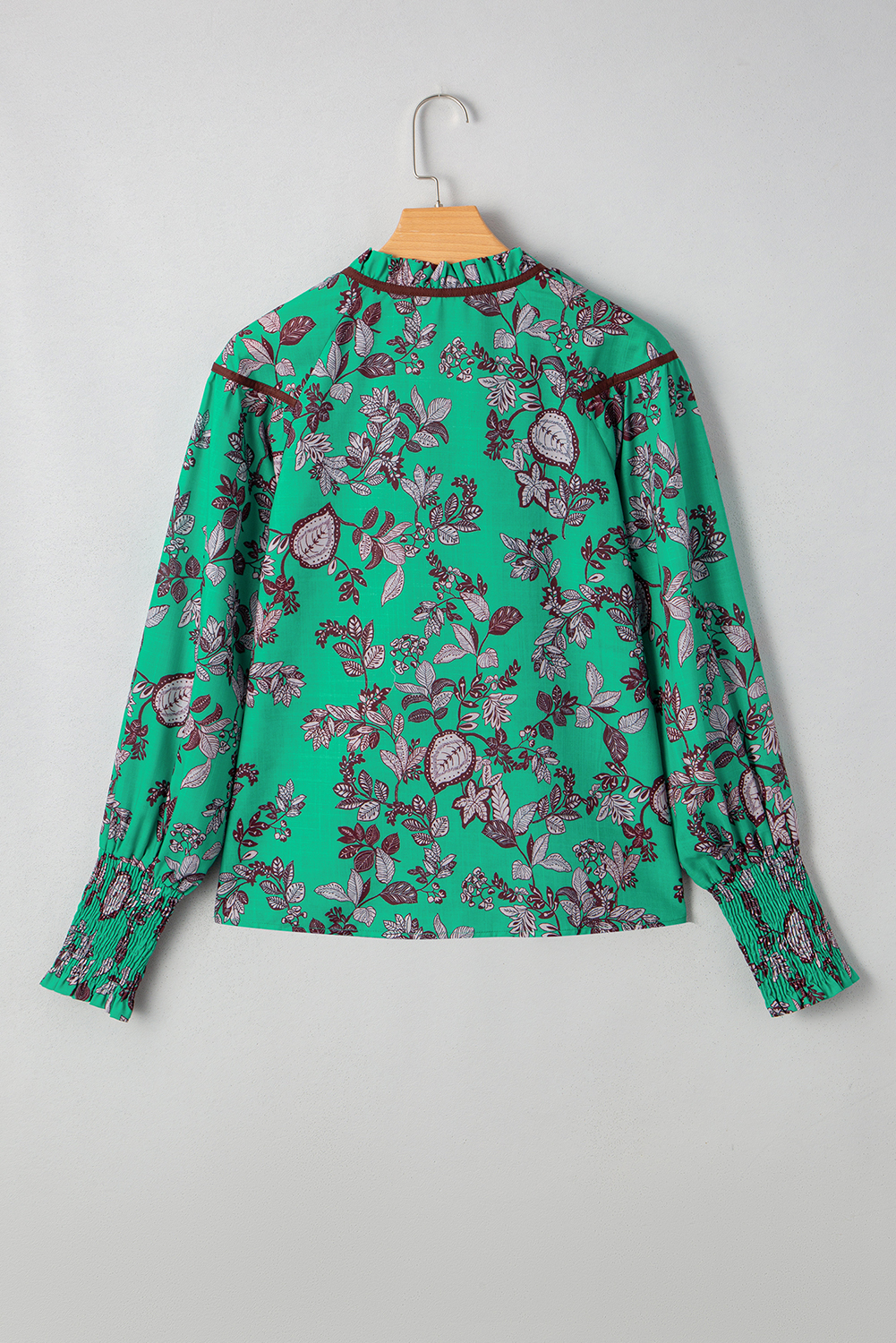 Green Leaves Print Contrast Trim V Neck Shirred Puff Sleeve Blouse