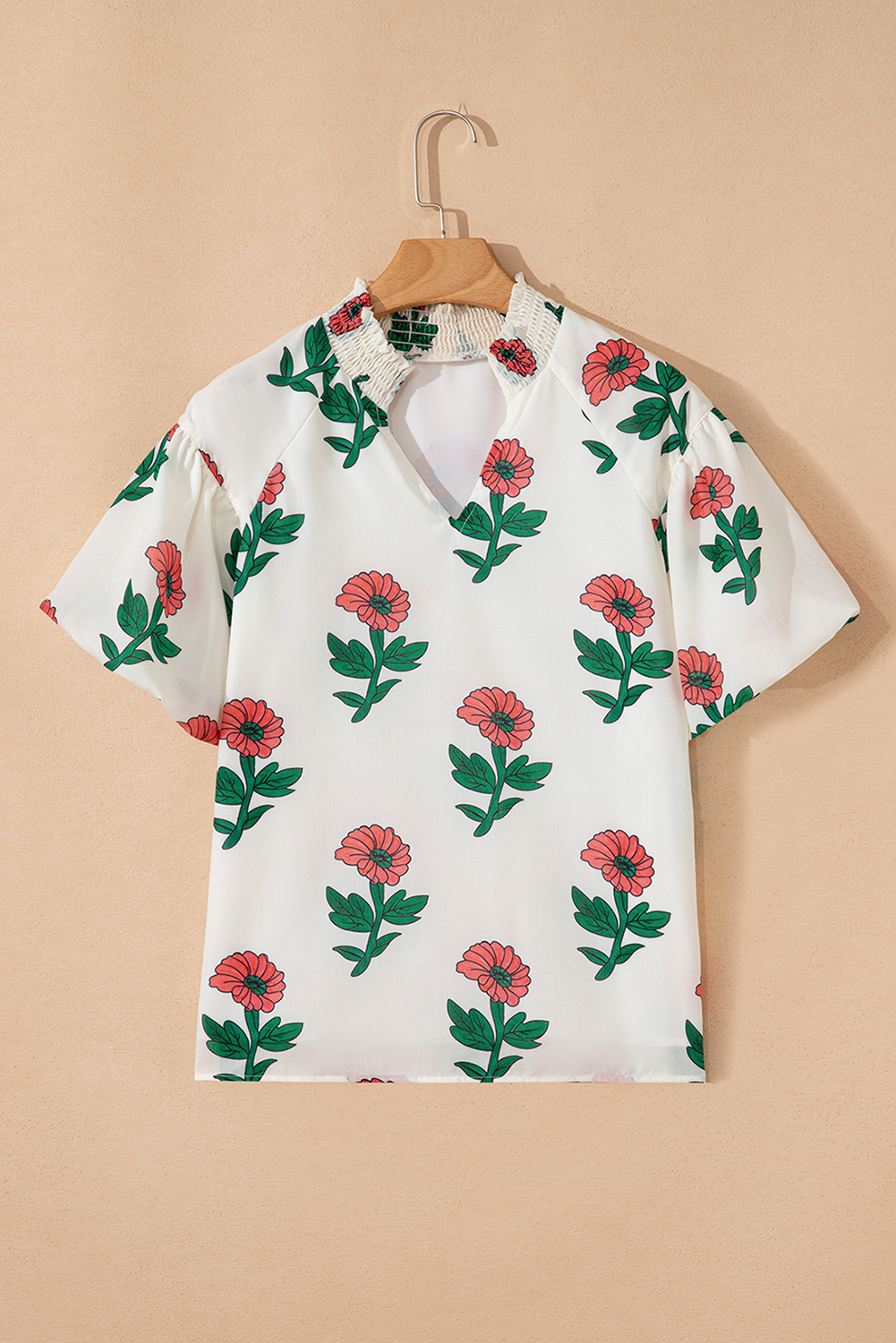 Beige Floral Print Shirred Split Neck Short Sleeve Blouse