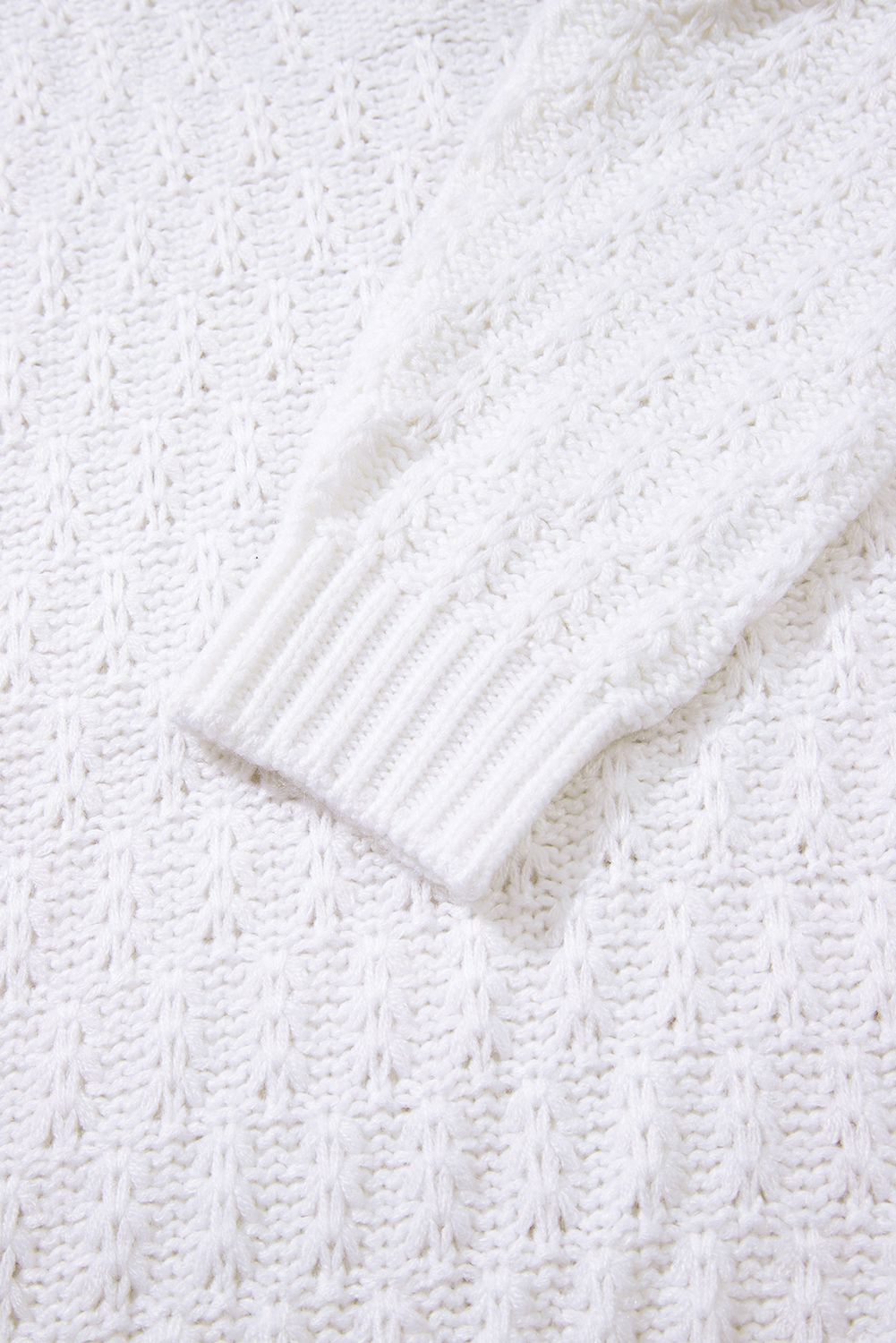 White Textured Knit Ribbed Edge V Neck Loose Sweater