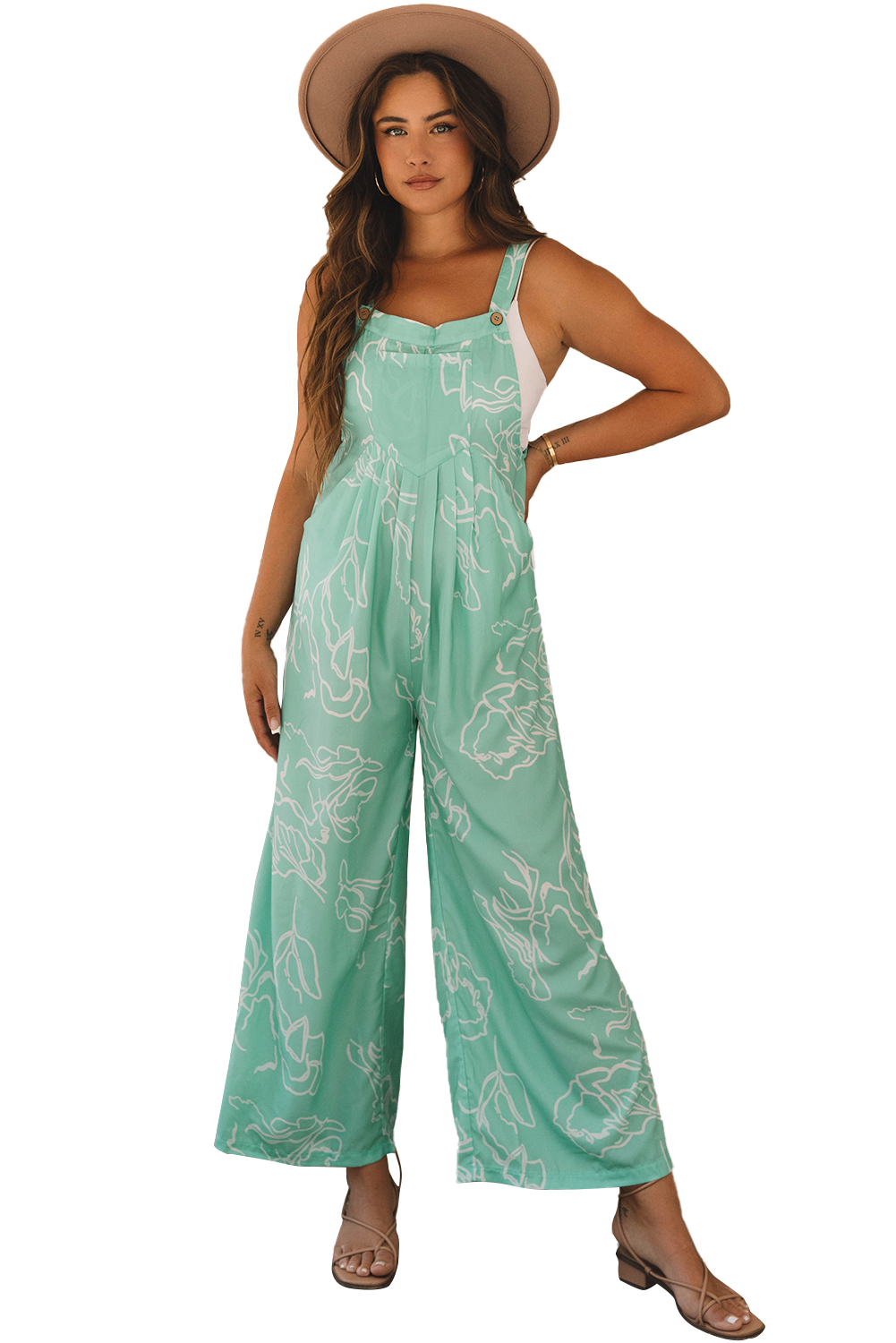 Moonlight Jade Printed Bib Wide Leg Overall