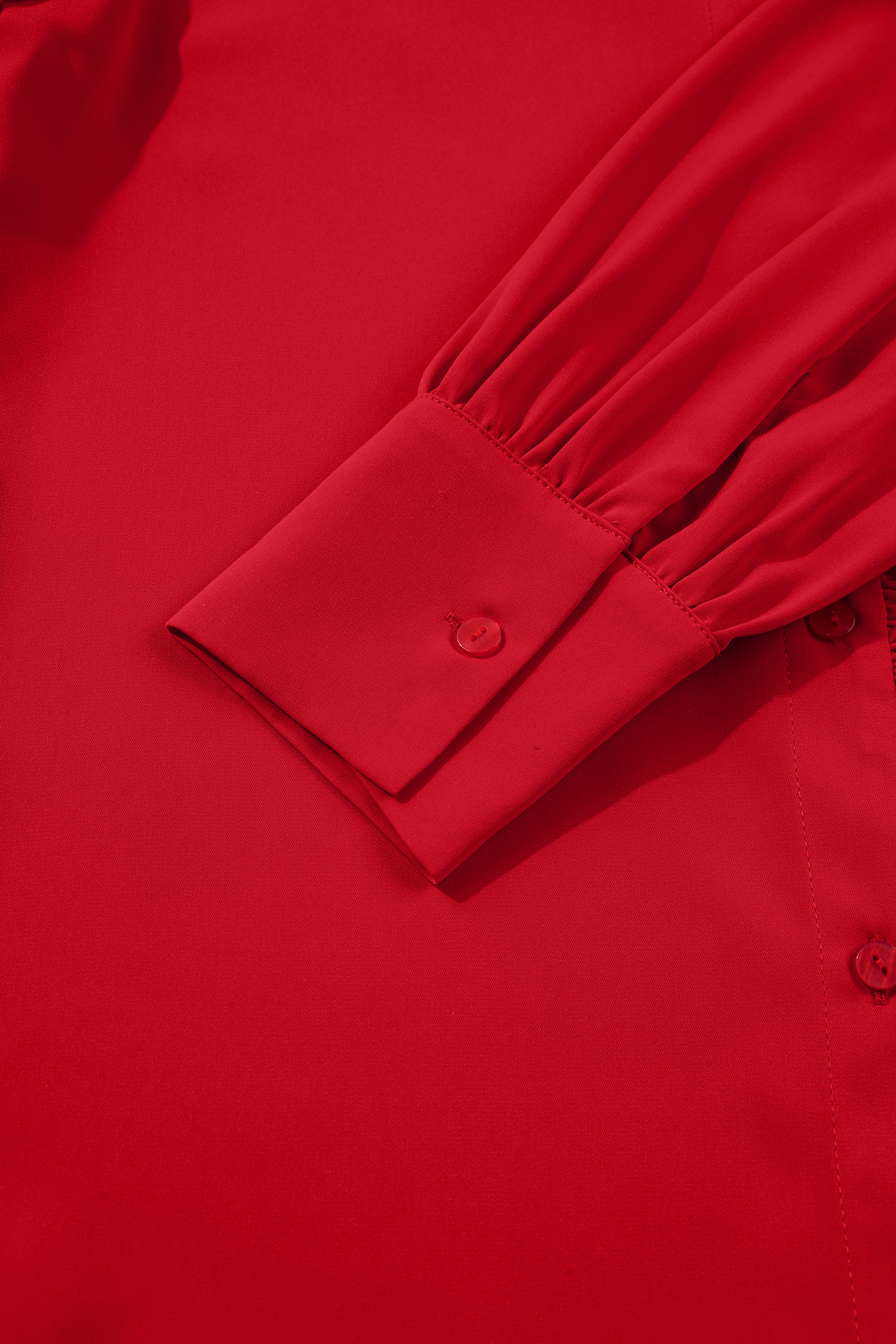 Fiery Red Frilled Trim Button Up Pleated Long Sleeve Shirt