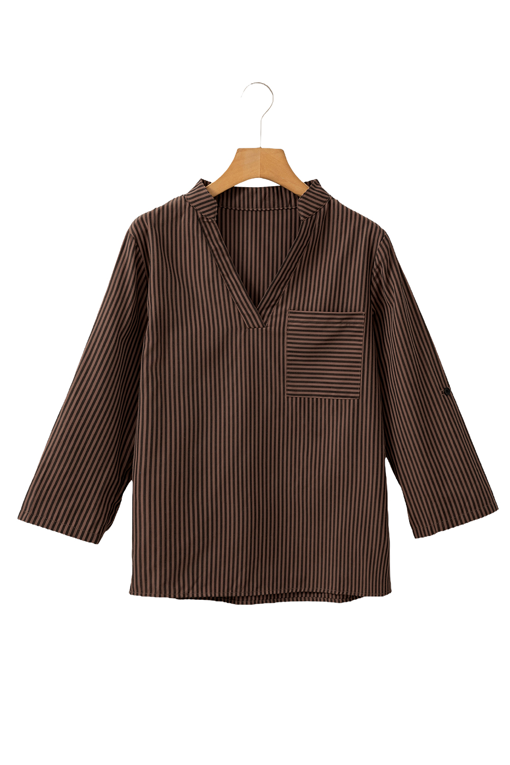 Brown Stripe V Neck Roll Up Sleeve Pocket Patched Classic Shirt