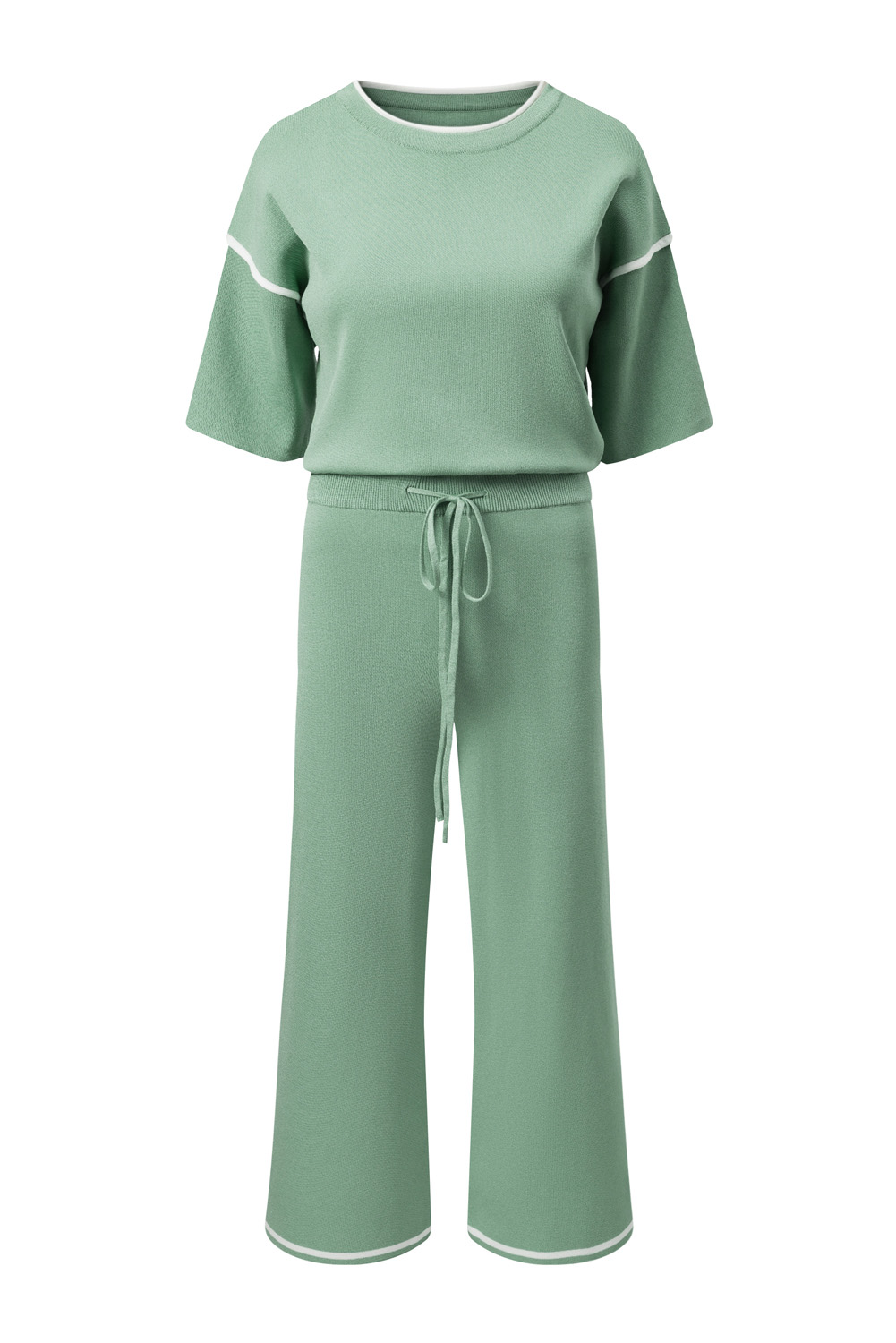 Blackish Green Contrast Trim Half Sleeve Top Drawstring Pants Loose 2pcs Sweater Suit