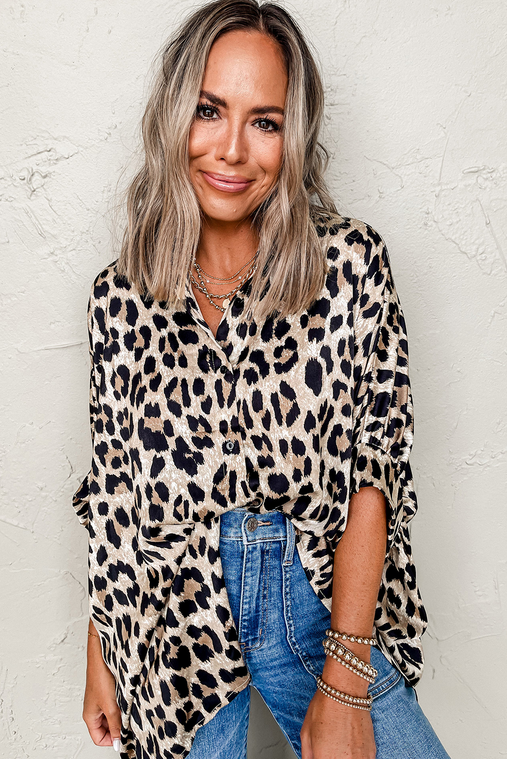 Beige Leopard Print Buttoned 3/4 Sleeve Loose Fit Shirt