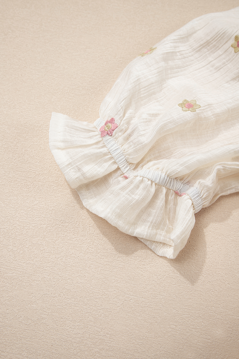 Beige Embroidered Flower Smocked Bust Half Puff Sleeve Empire Waist Textured Flowy Dress