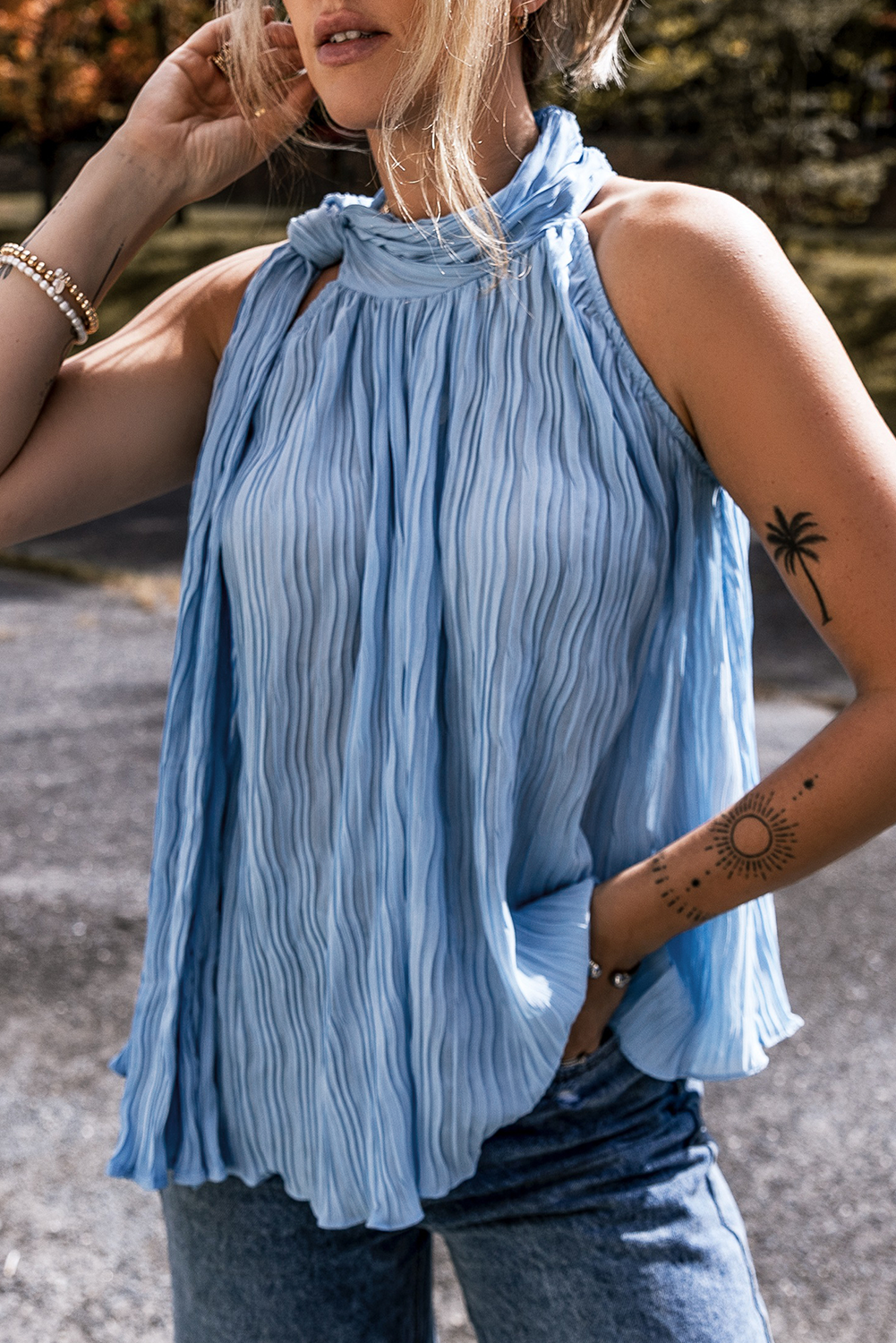 Myosotis Textured Pleated Tied Mock Neck  Flowy Tank Top