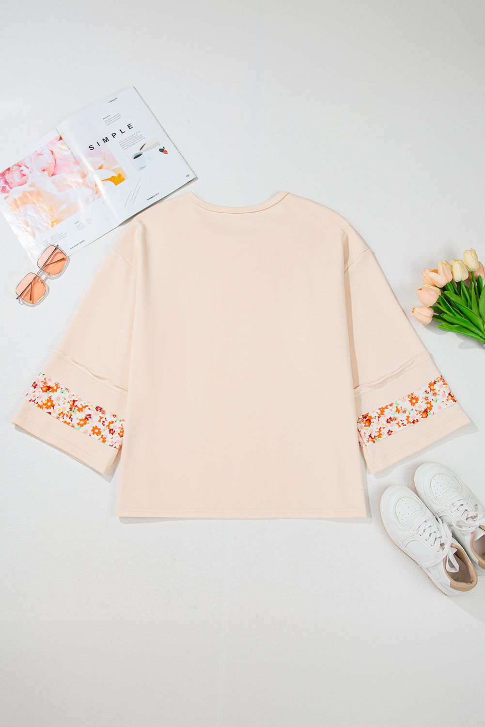 Beige Flower Patch Graphic Exposed Seam Wide Sleeve Top