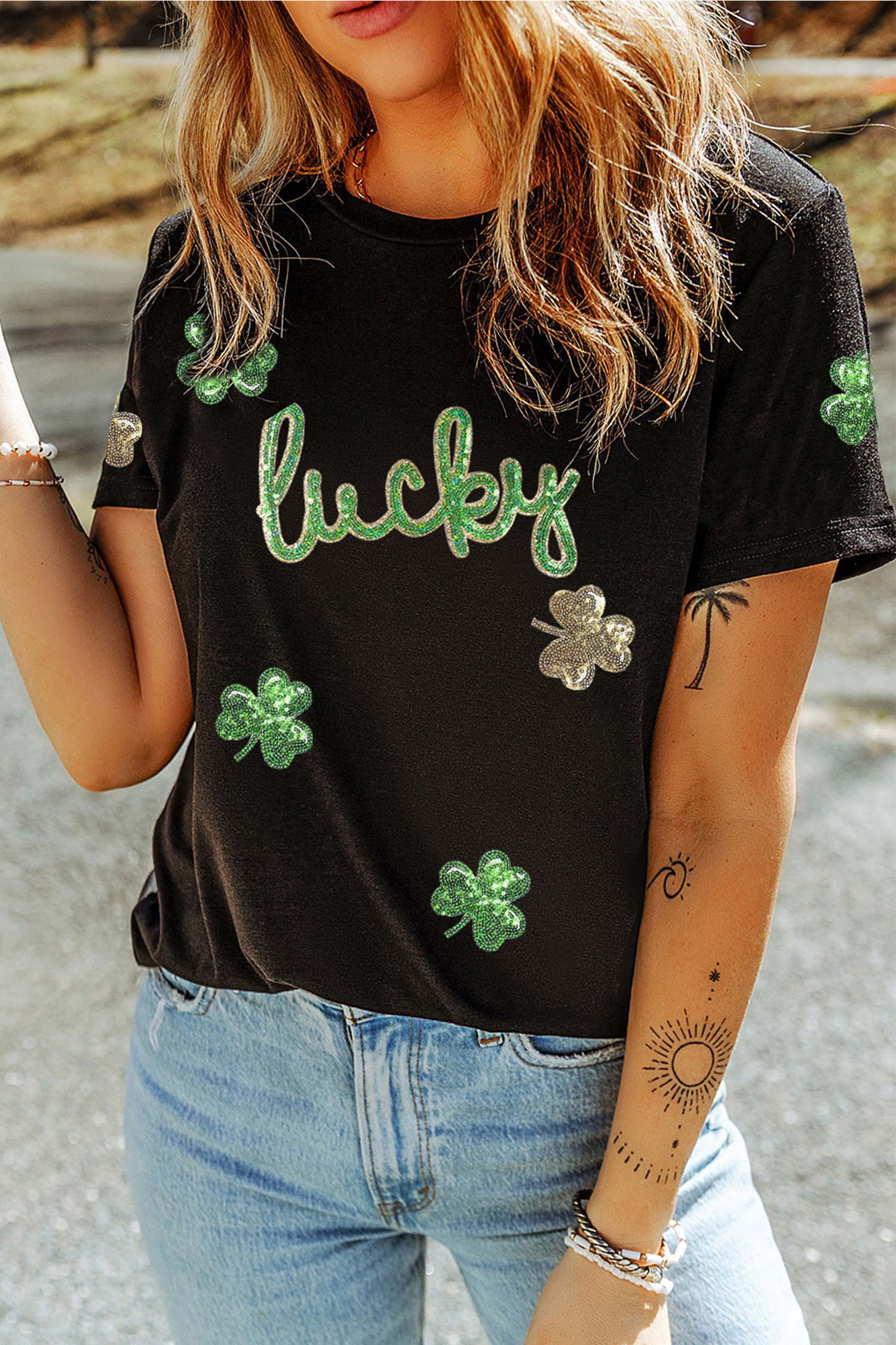 Black Lucky Sequin Shamrock Irish Festive Graphic Tee