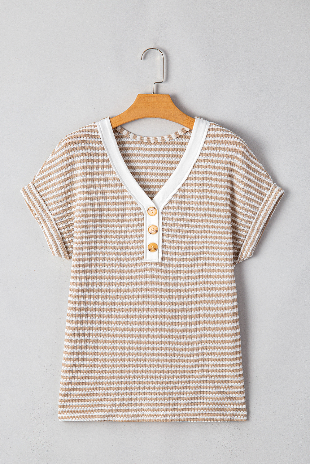 Khaki Stripe Buttoned Front V Neck Knitted T Shirt