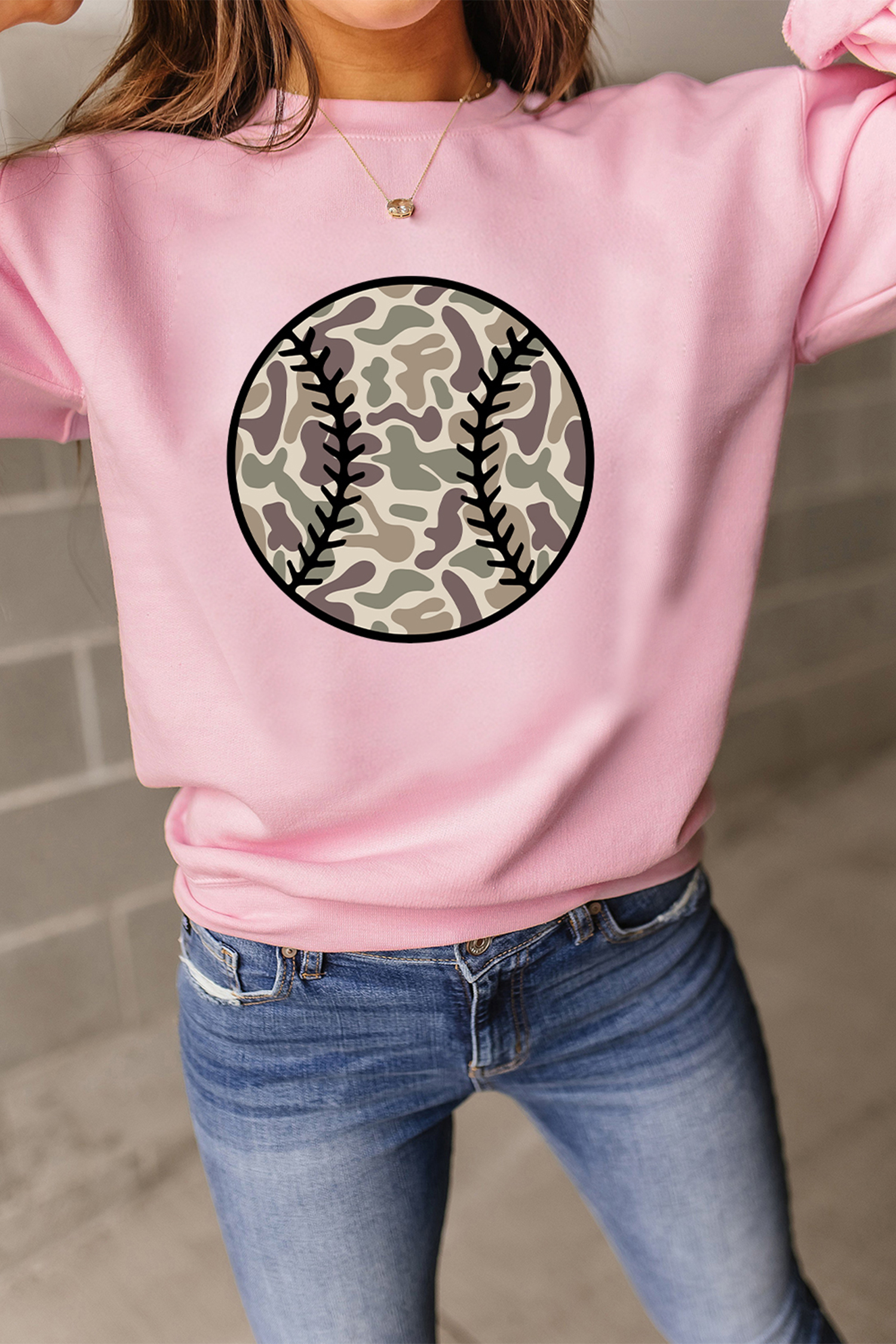 Pink Camouflage Baseball Dropped Shoulder Sweatshirt