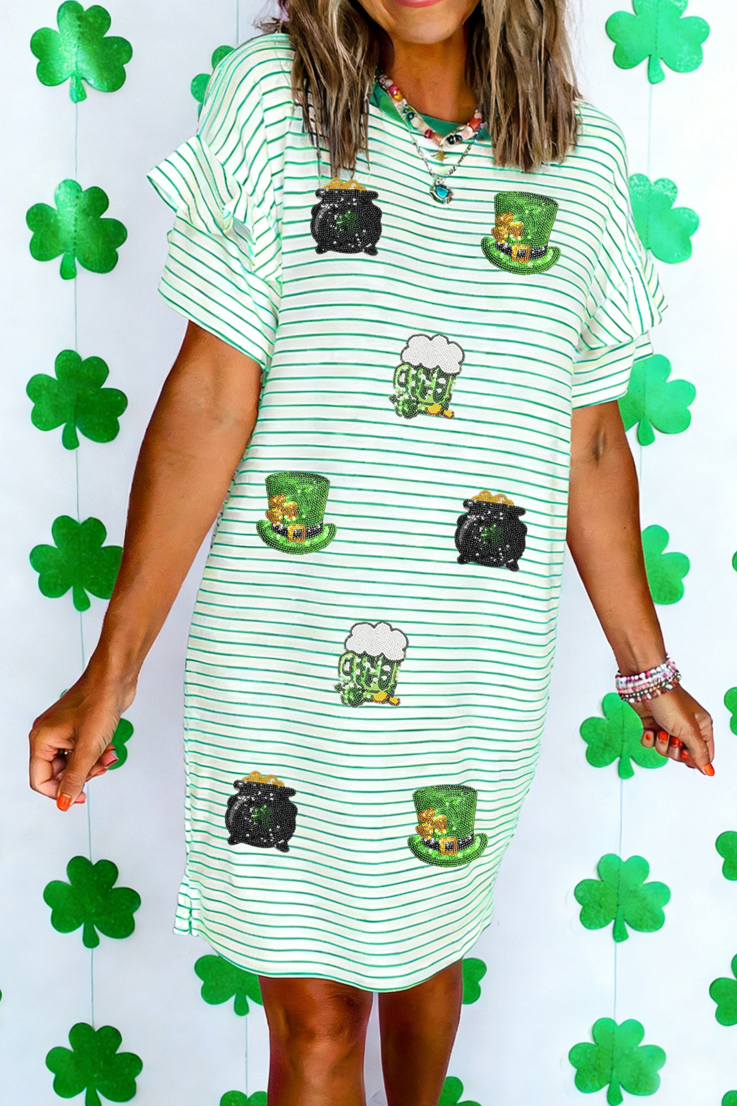 Green Stripe St Patricks Day Sequin Elements Patched Tee Dress