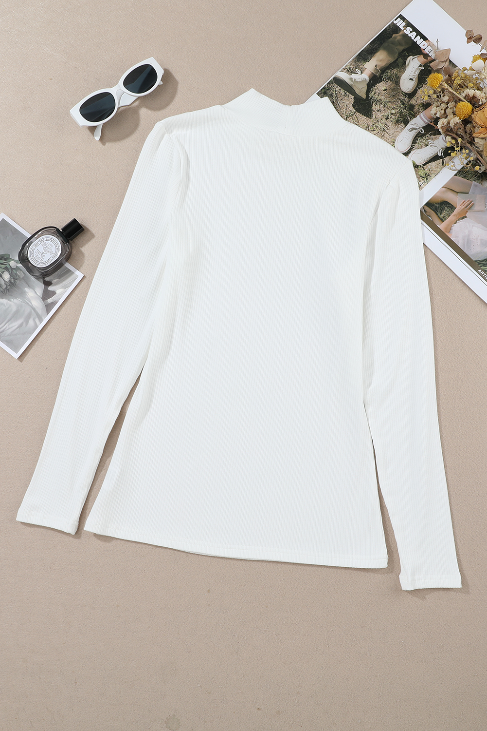 White Ribbed Knit High Neck Long Sleeve Top