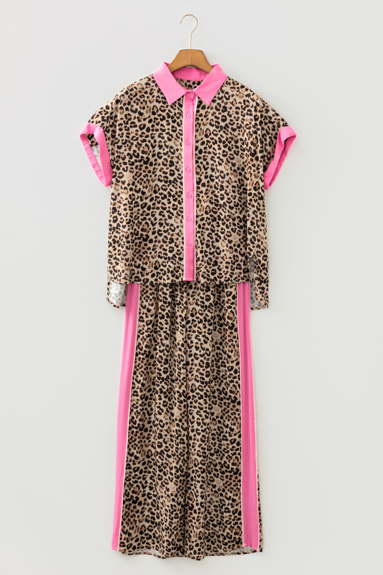 Brown Contrast Trim Leopard Top and Pant Set