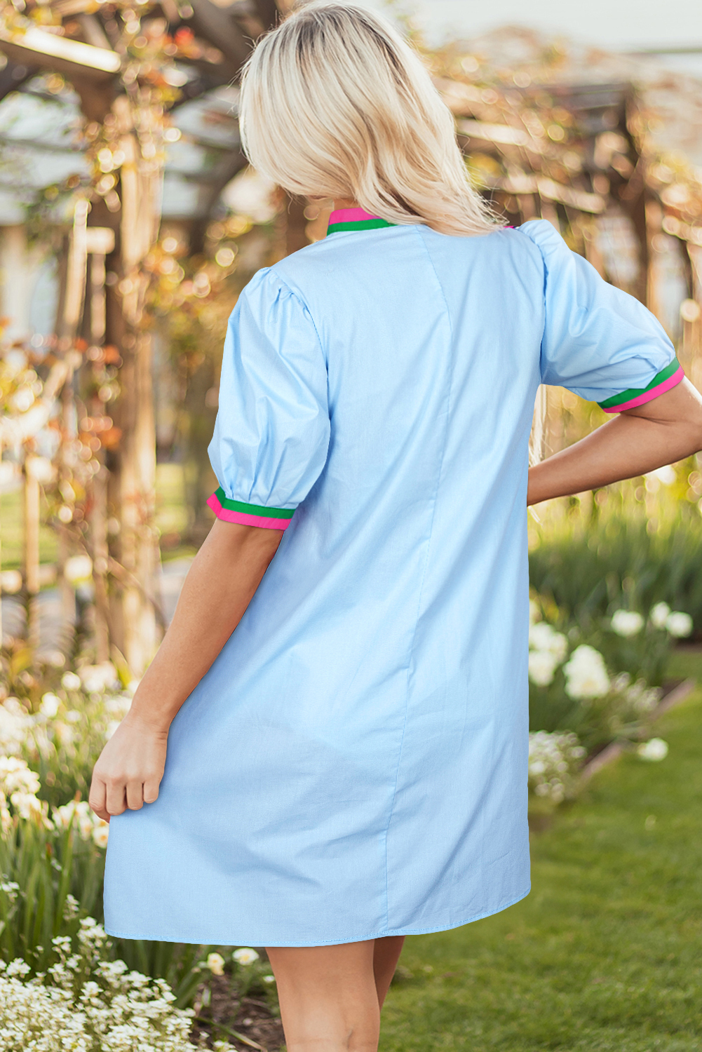 Myosotis Sequined Cowgirl Boots Pattern Contrast V Neckline Half Puff Sleeve Dress