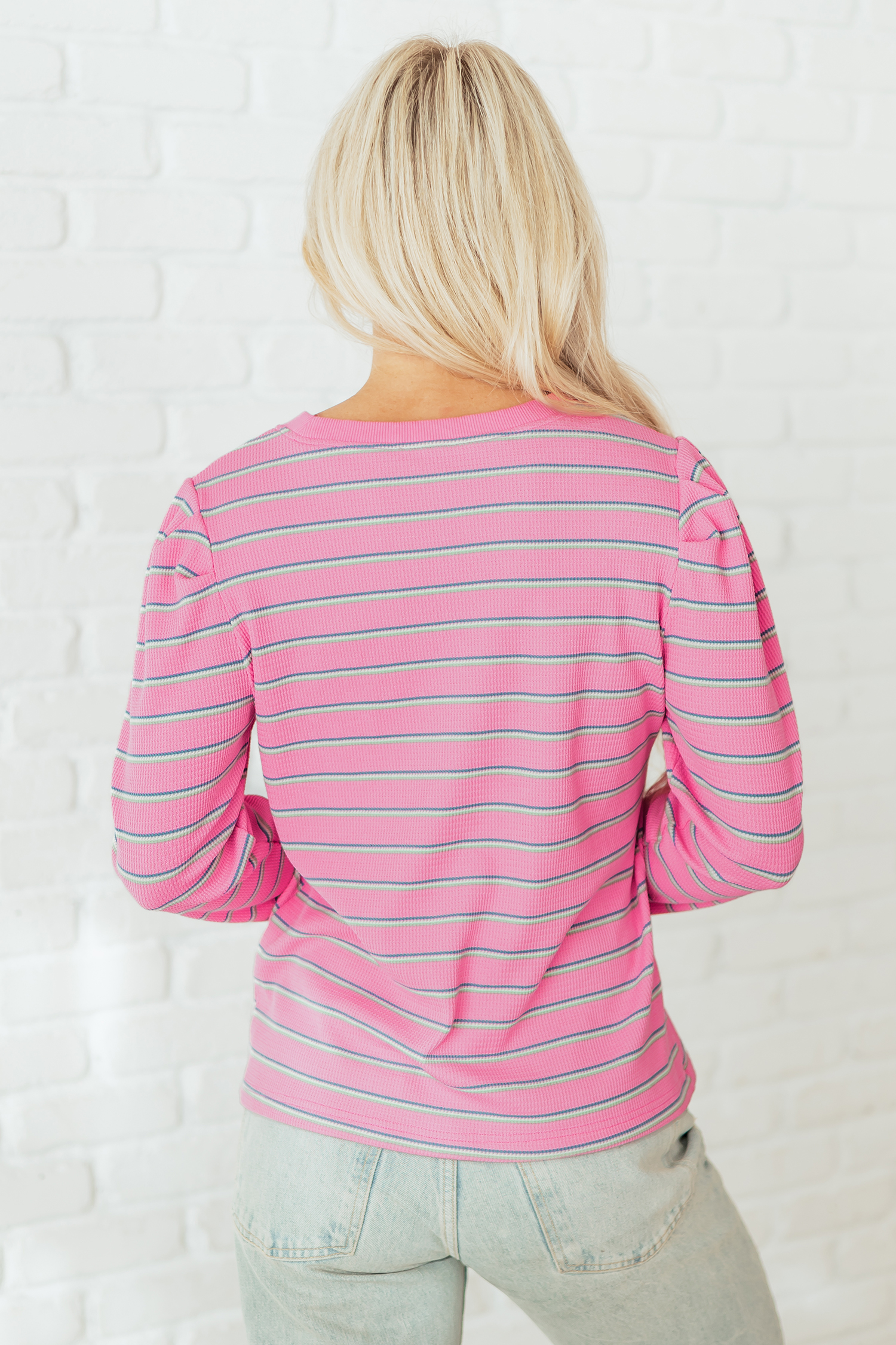 Rose Stripe Textured Knit Round Neck Long Sleeve Top