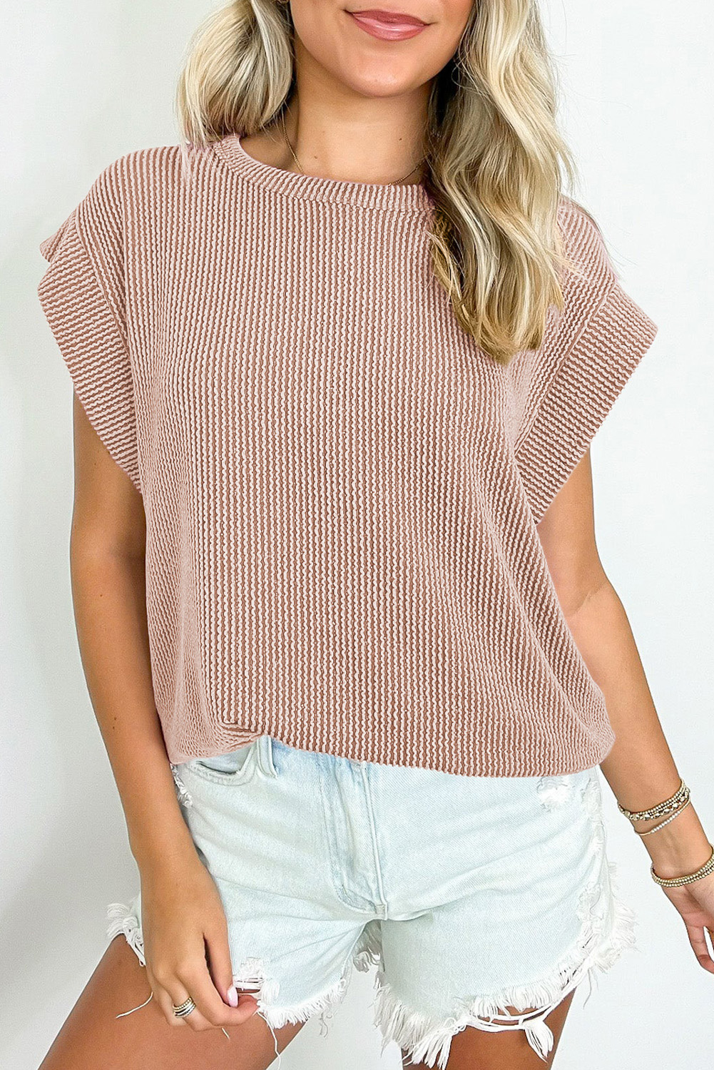 Gray Twisted Rib Wide Sleeve Crew Neck T Shirt