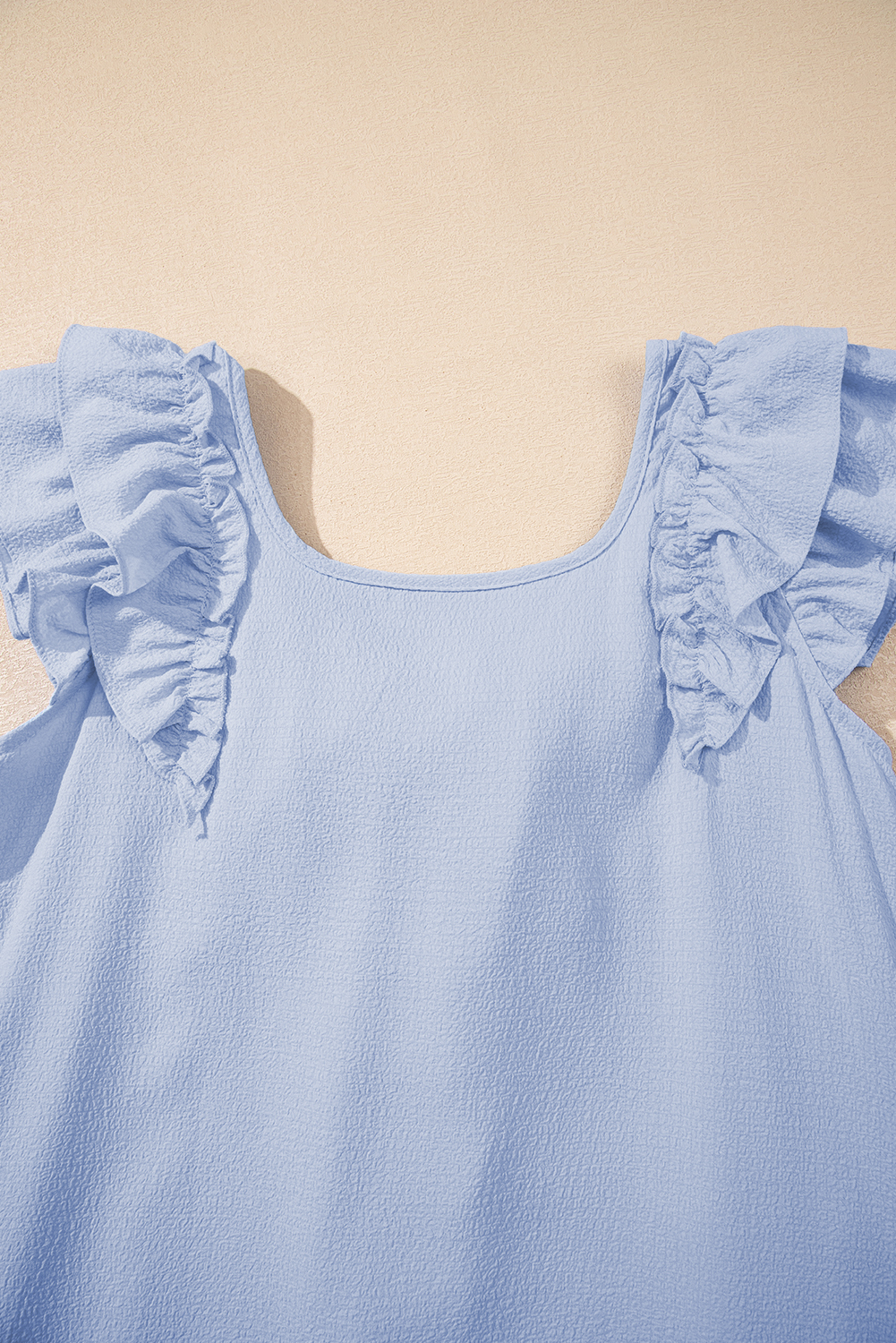 Beau Blue Textured Bow Knot Frilled Butterfly Sleeve Blouse