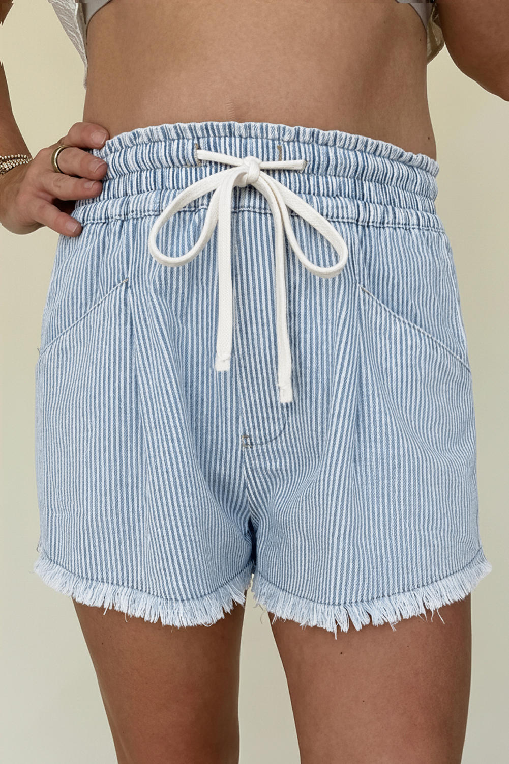 Sky Blue Stripe Raw Edge Drawstring Elastic Waist Casual Denim Shorts