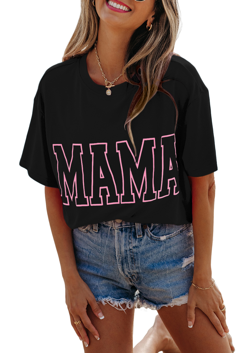 Black MAMA Letter Graphic Neon T Shirt